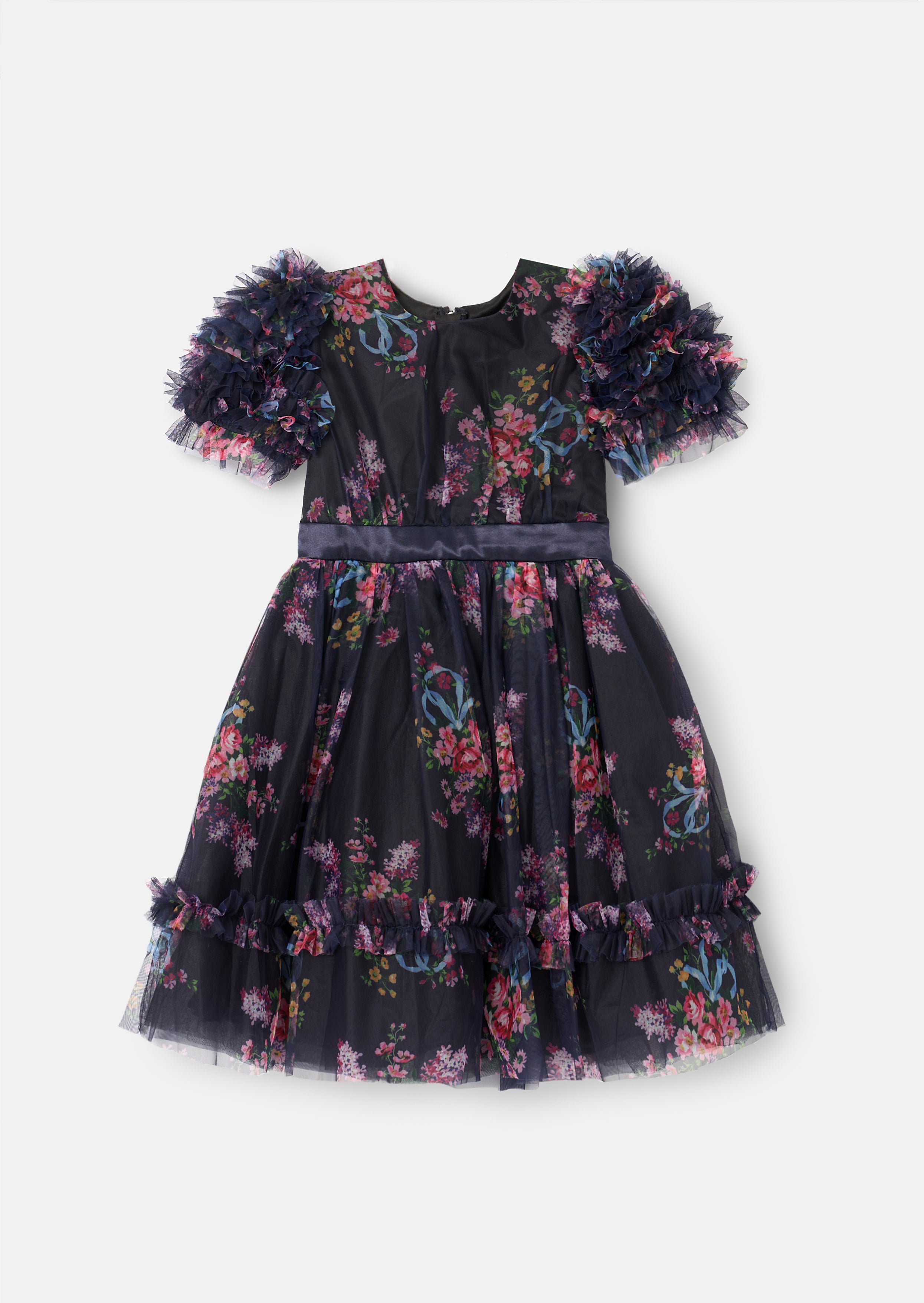 Florence Navy Ruffle Mesh Sleeve Dress
