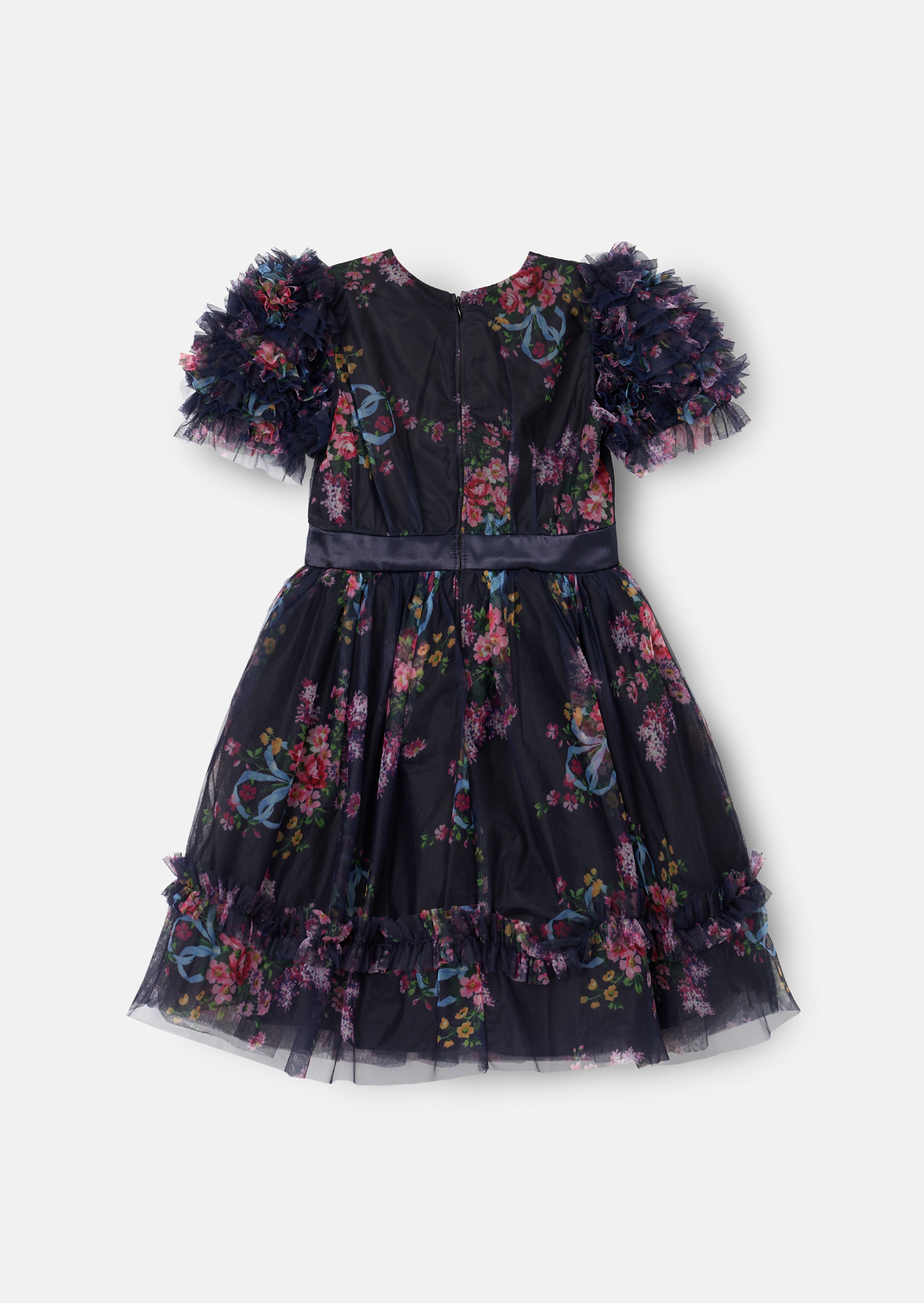 Florence Navy Ruffle Mesh Sleeve Dress