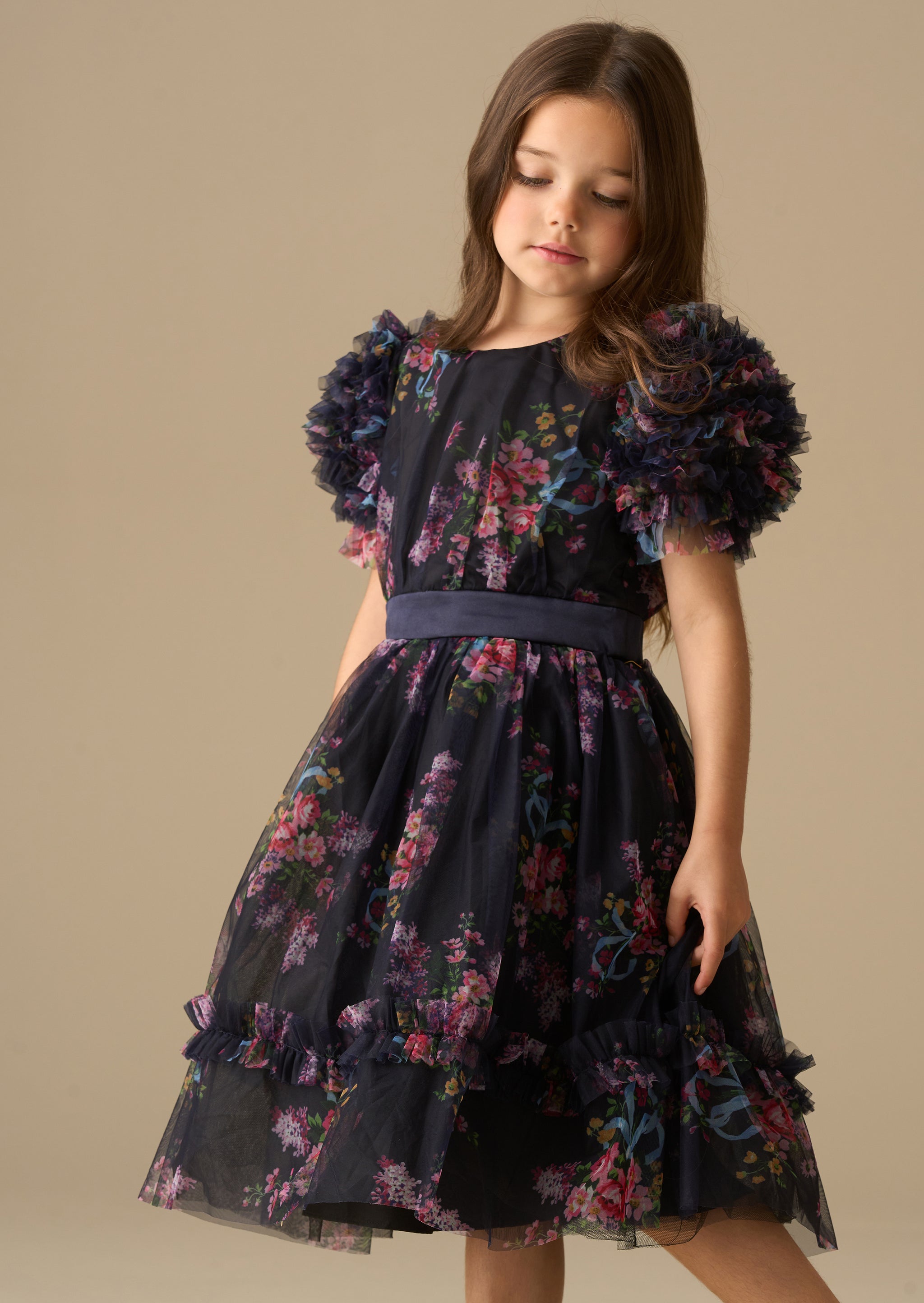 Girls Navy Floral Ruffle Mesh Sleeve Party Dress