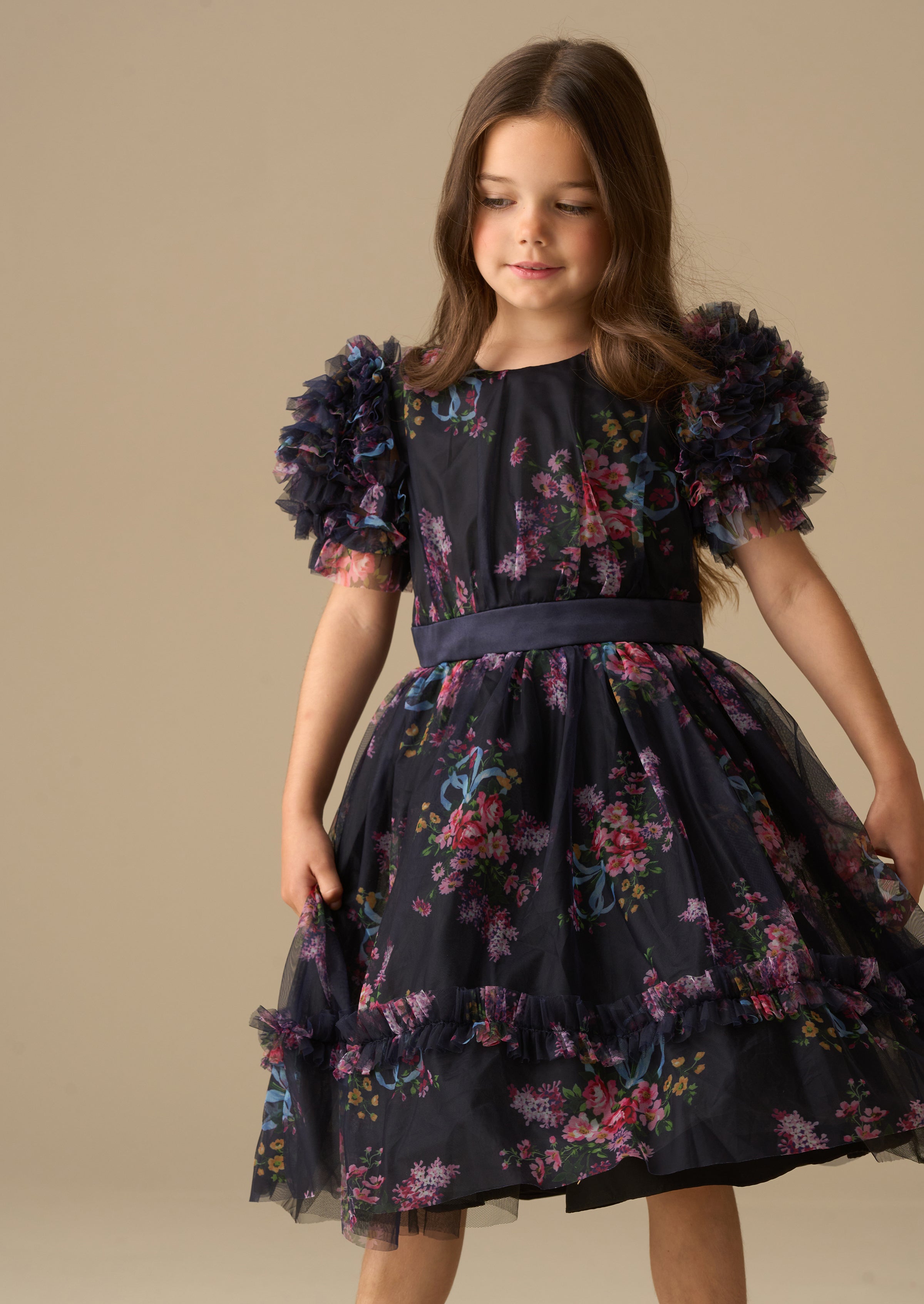 Florence Navy Ruffle Mesh Sleeve Dress