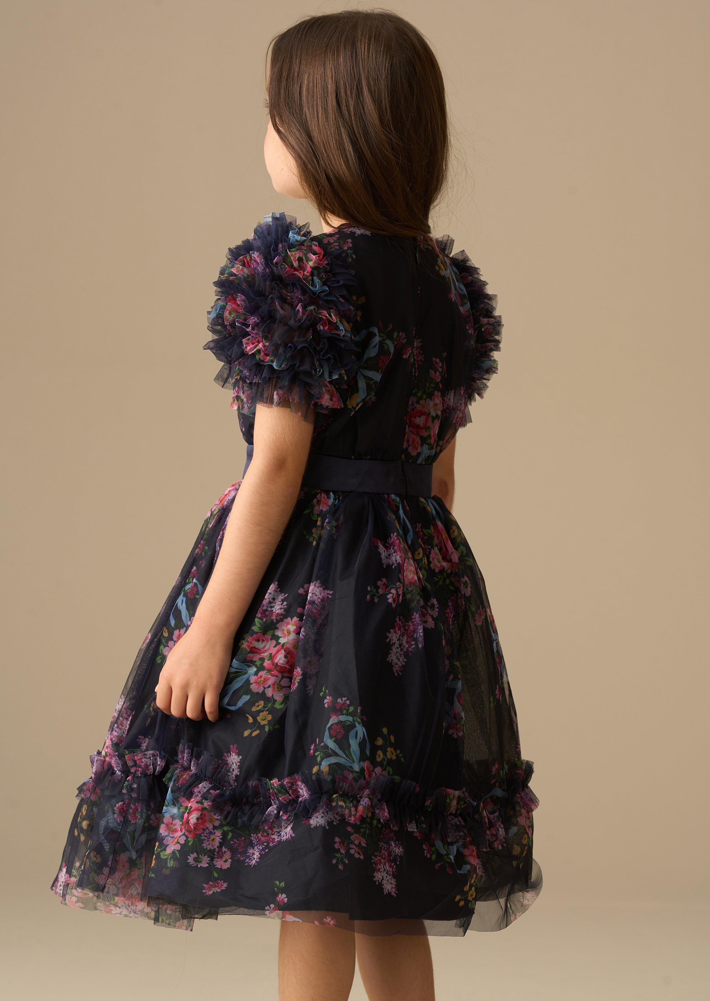 Florence Navy Ruffle Mesh Sleeve Dress