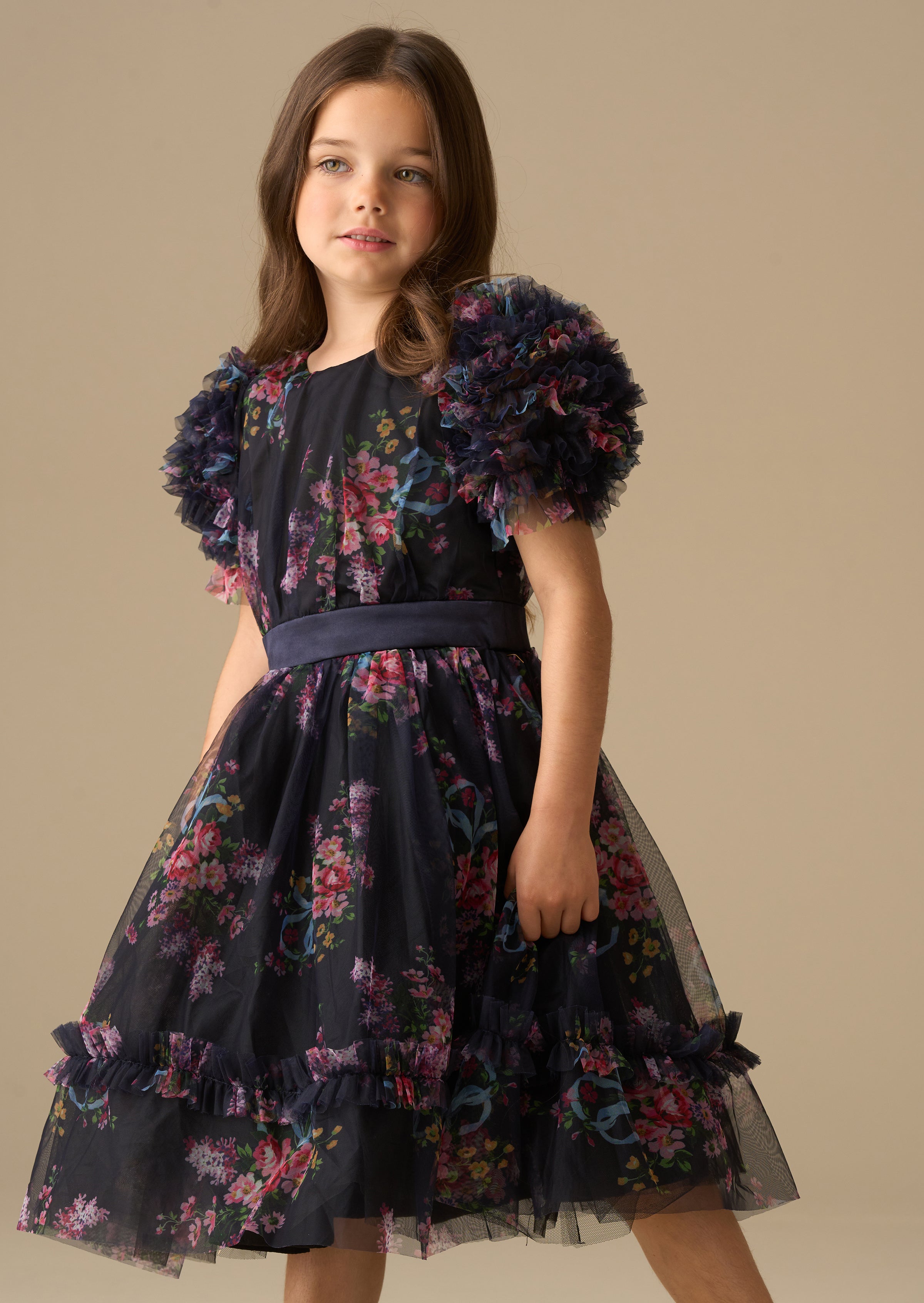Florence Navy Ruffle Mesh Sleeve Dress