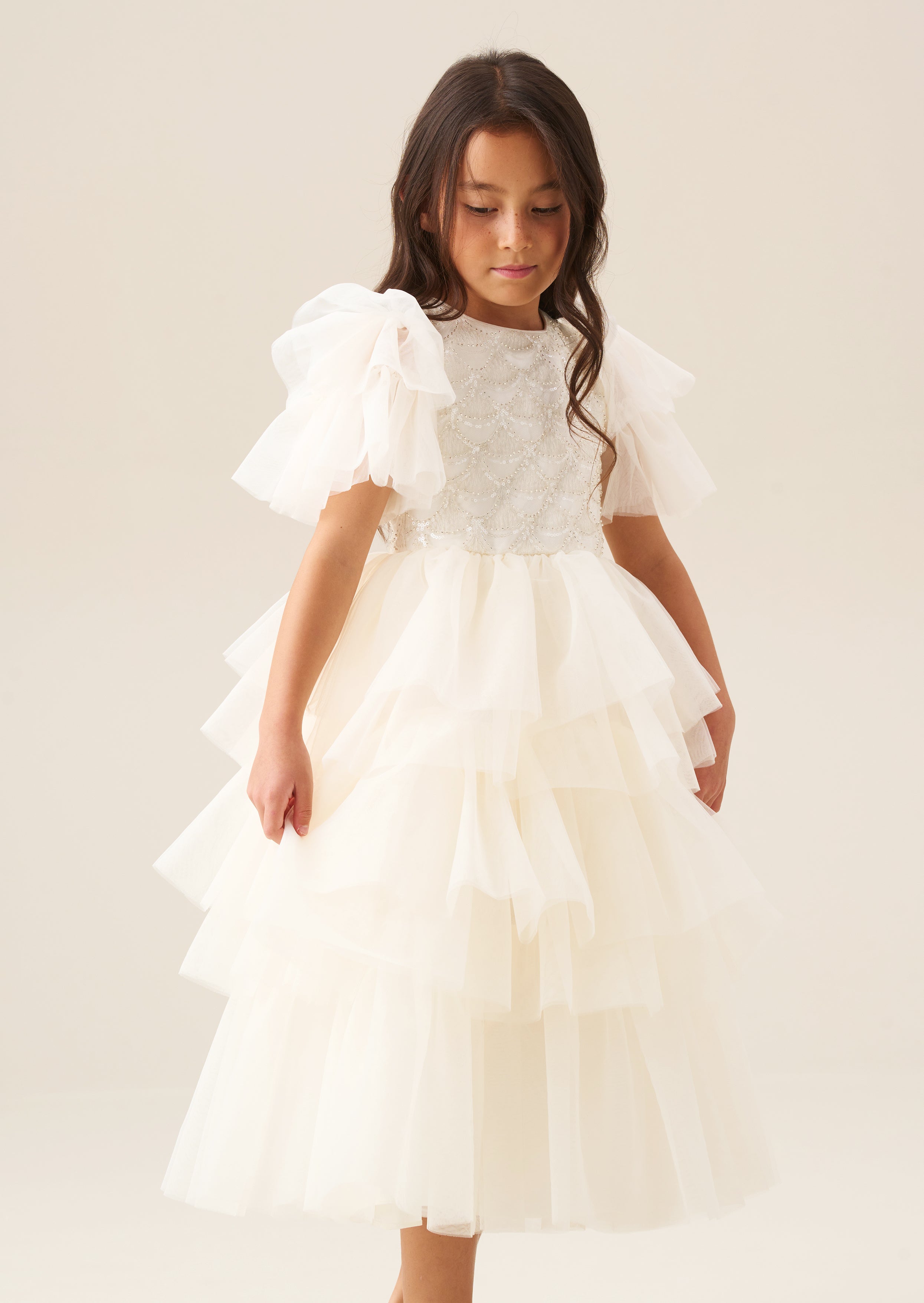 Tiffany Ivory Beaded Tiered Tulle Dress