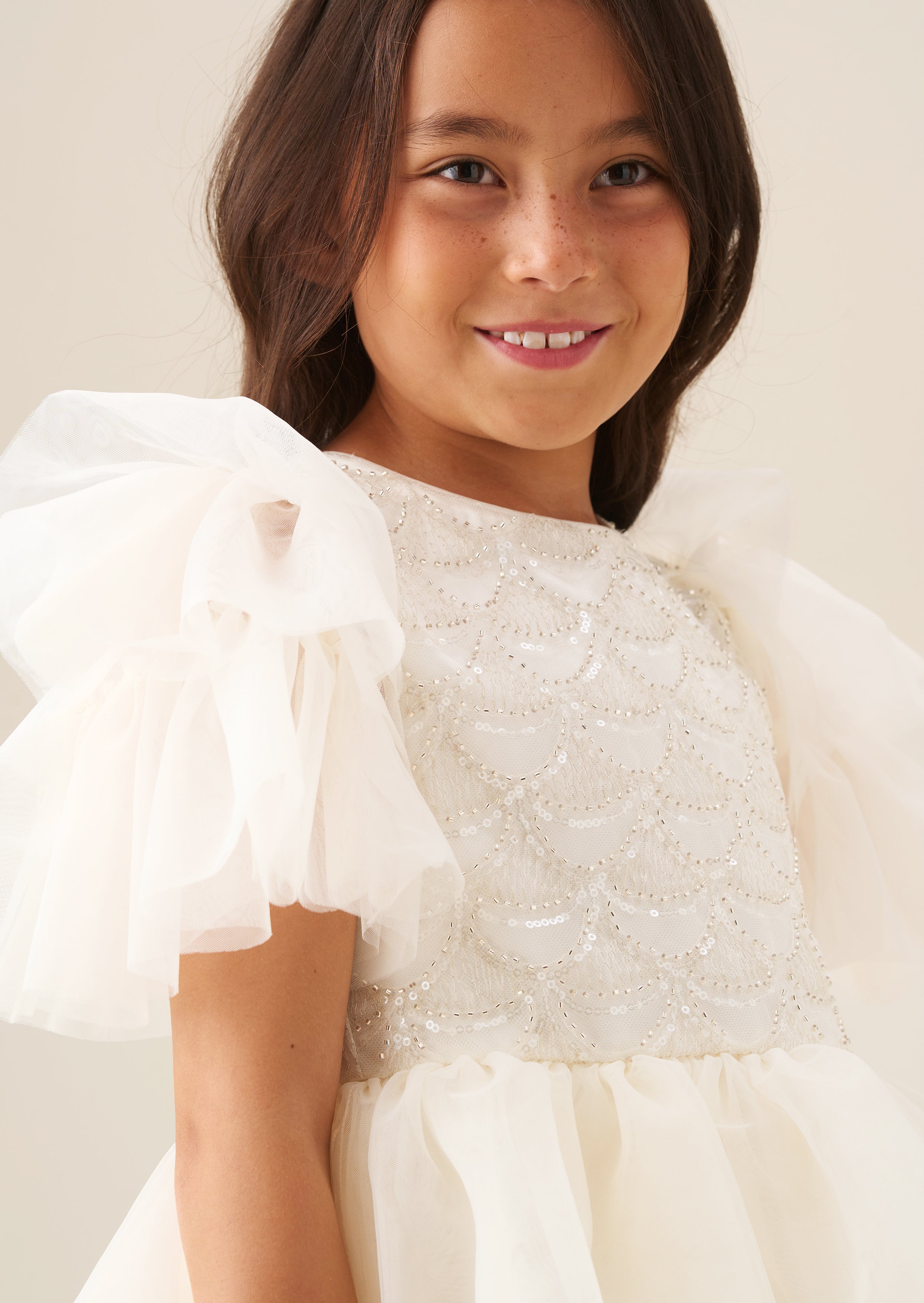 Tiffany Ivory Beaded Tiered Tulle Dress