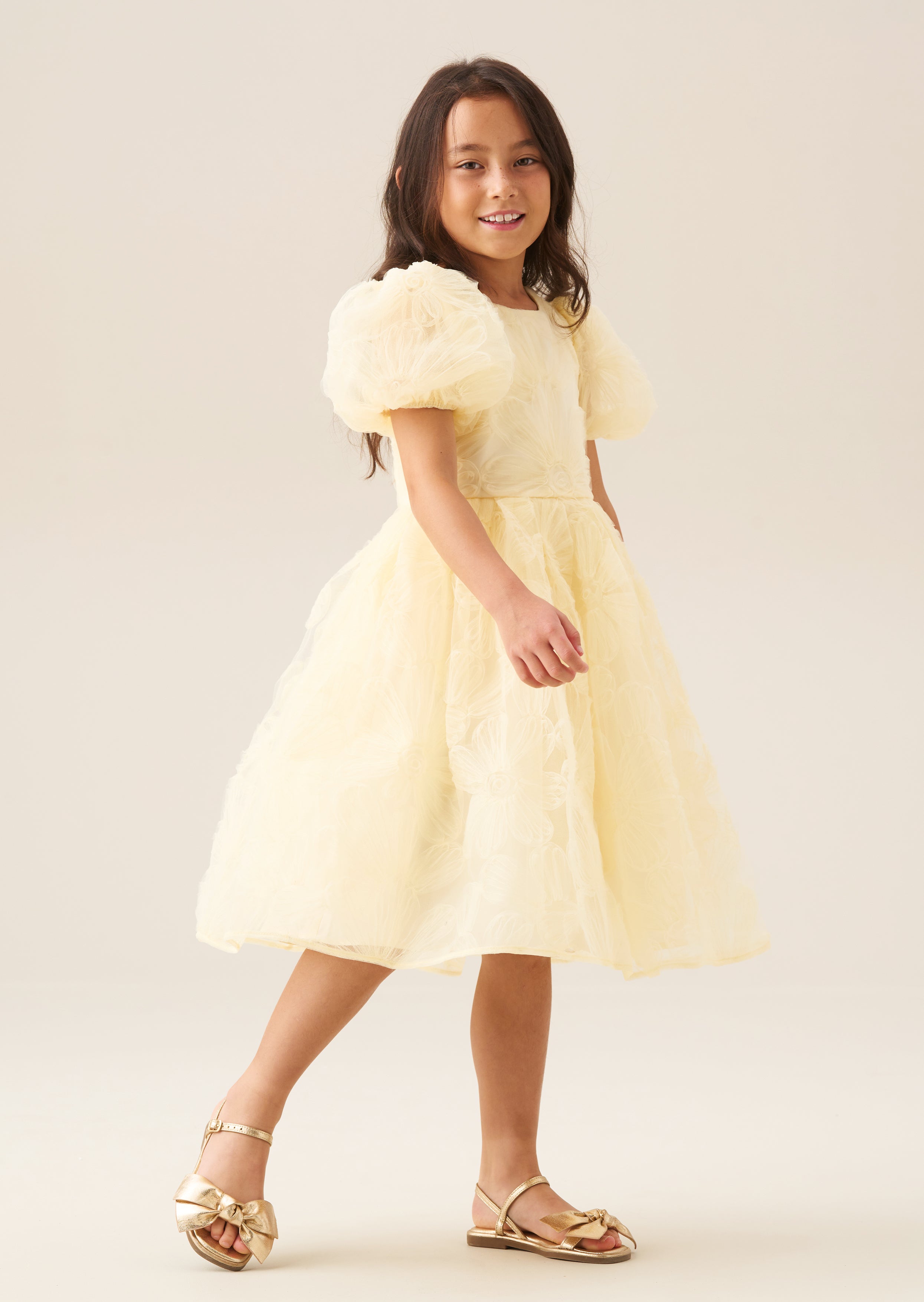 Francine Yellow Embellished Puff Sleeve Dress