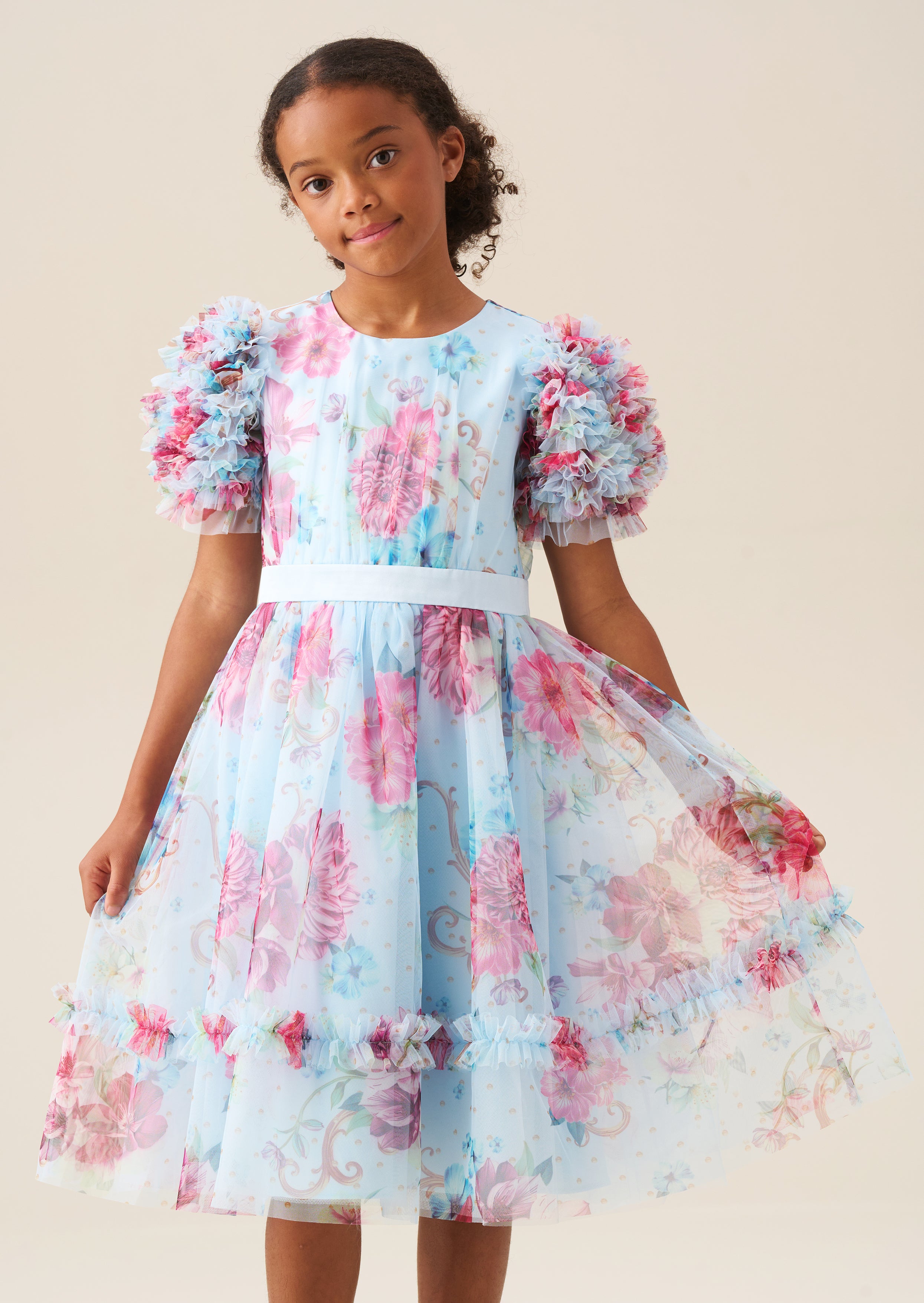 Florence Blau Kleid mit Rüschenärmeln und Mesh-Einsatz