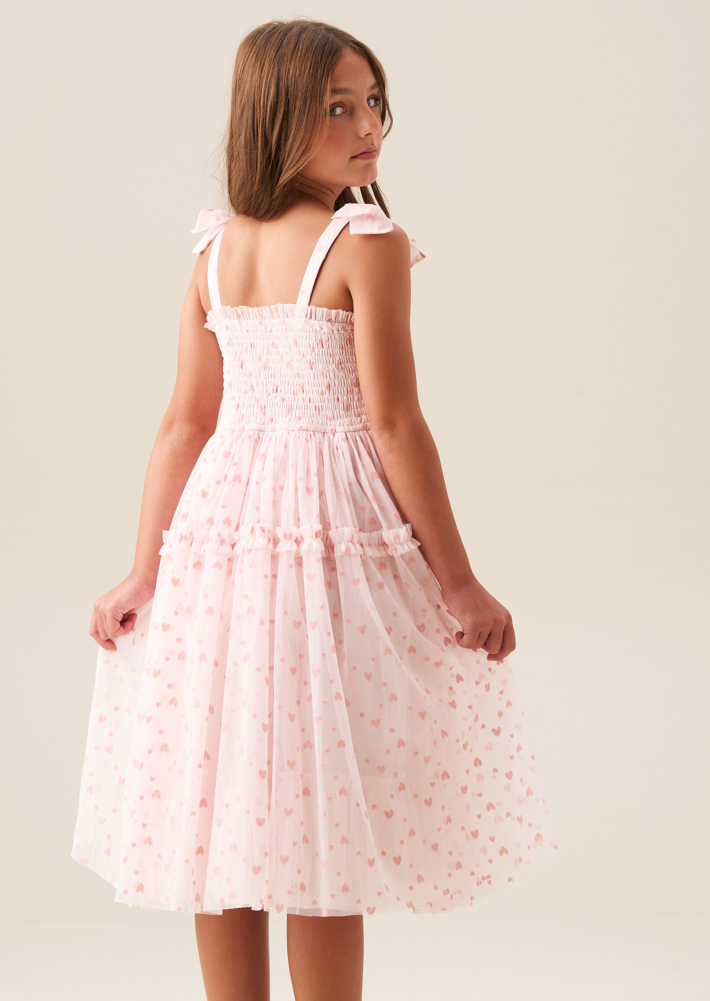 Vivi Heart Flock Tie Shoulder Mesh Dress