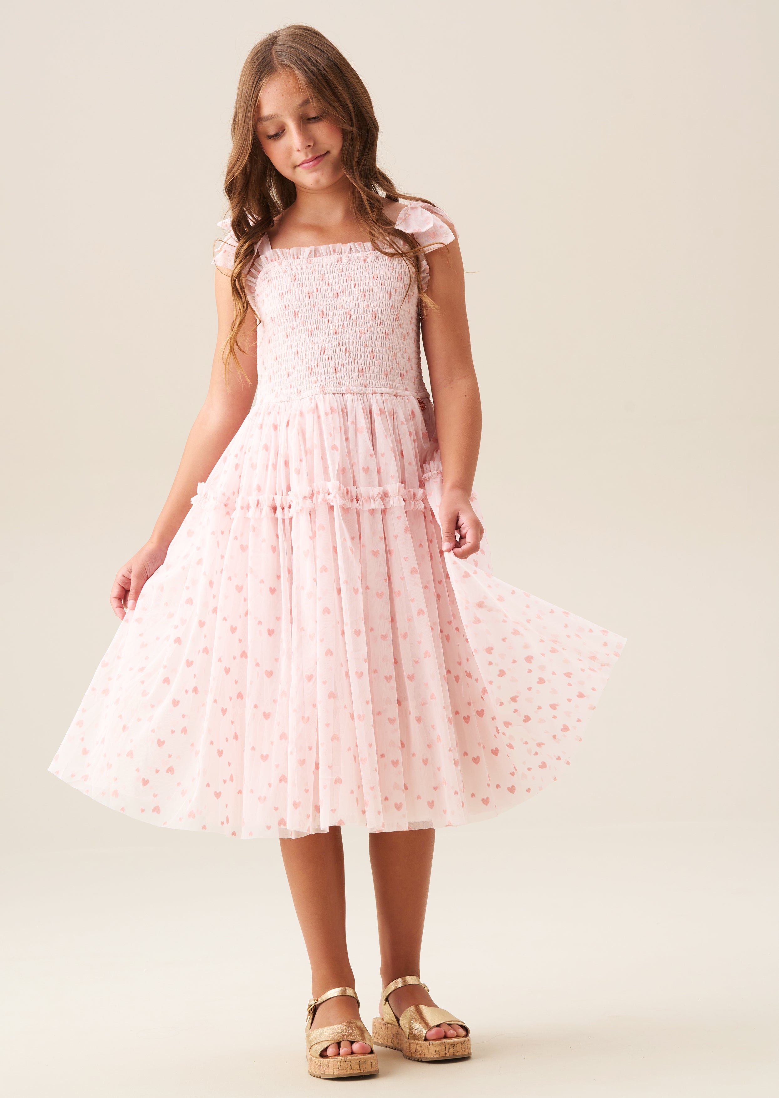 Vivi Heart Flock Tie Shoulder Mesh Dress