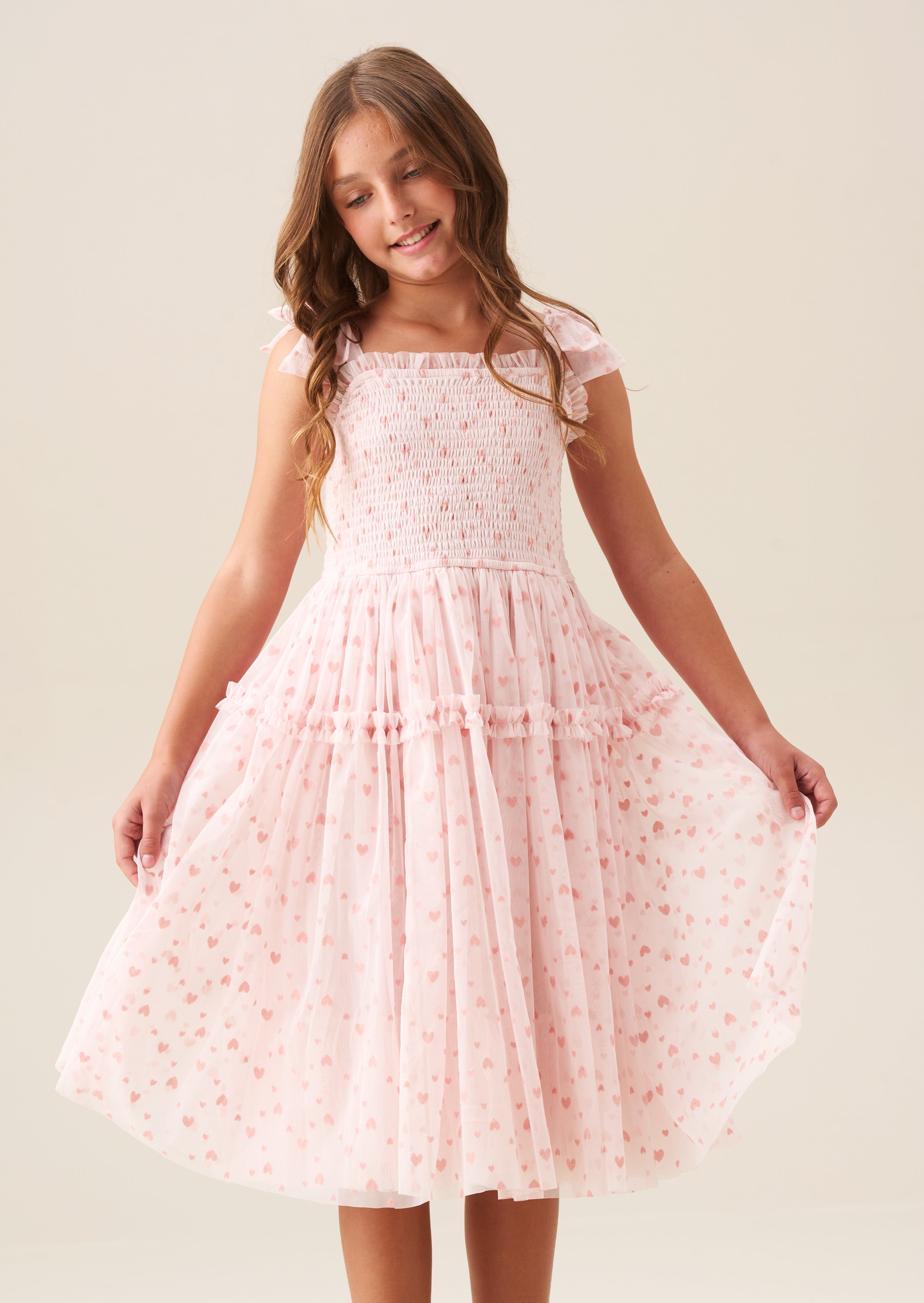 Vivi Heart Flock Tie Shoulder Mesh Dress