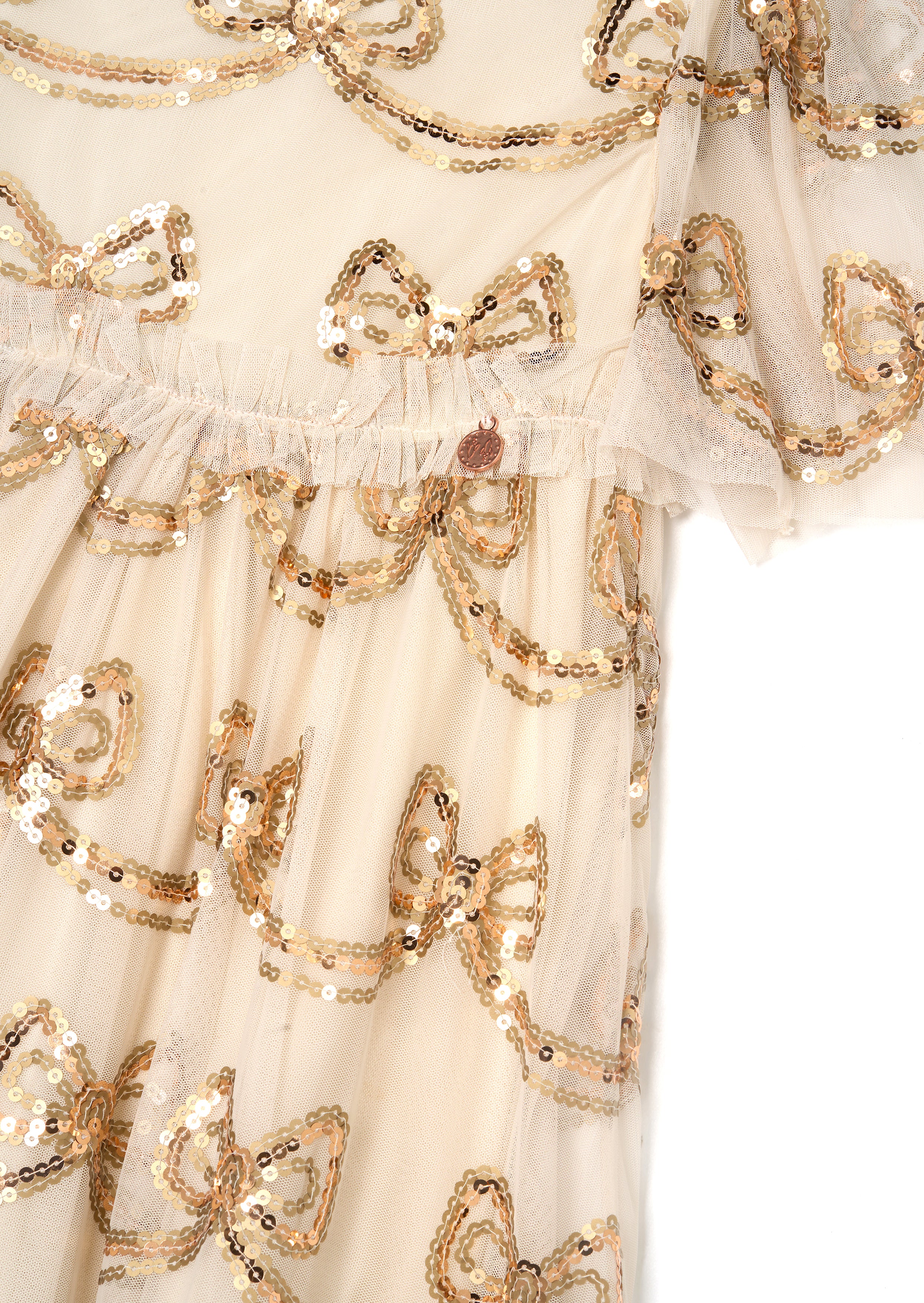 فستان دelta شامبانيا مزين بفيونكة من الترتر