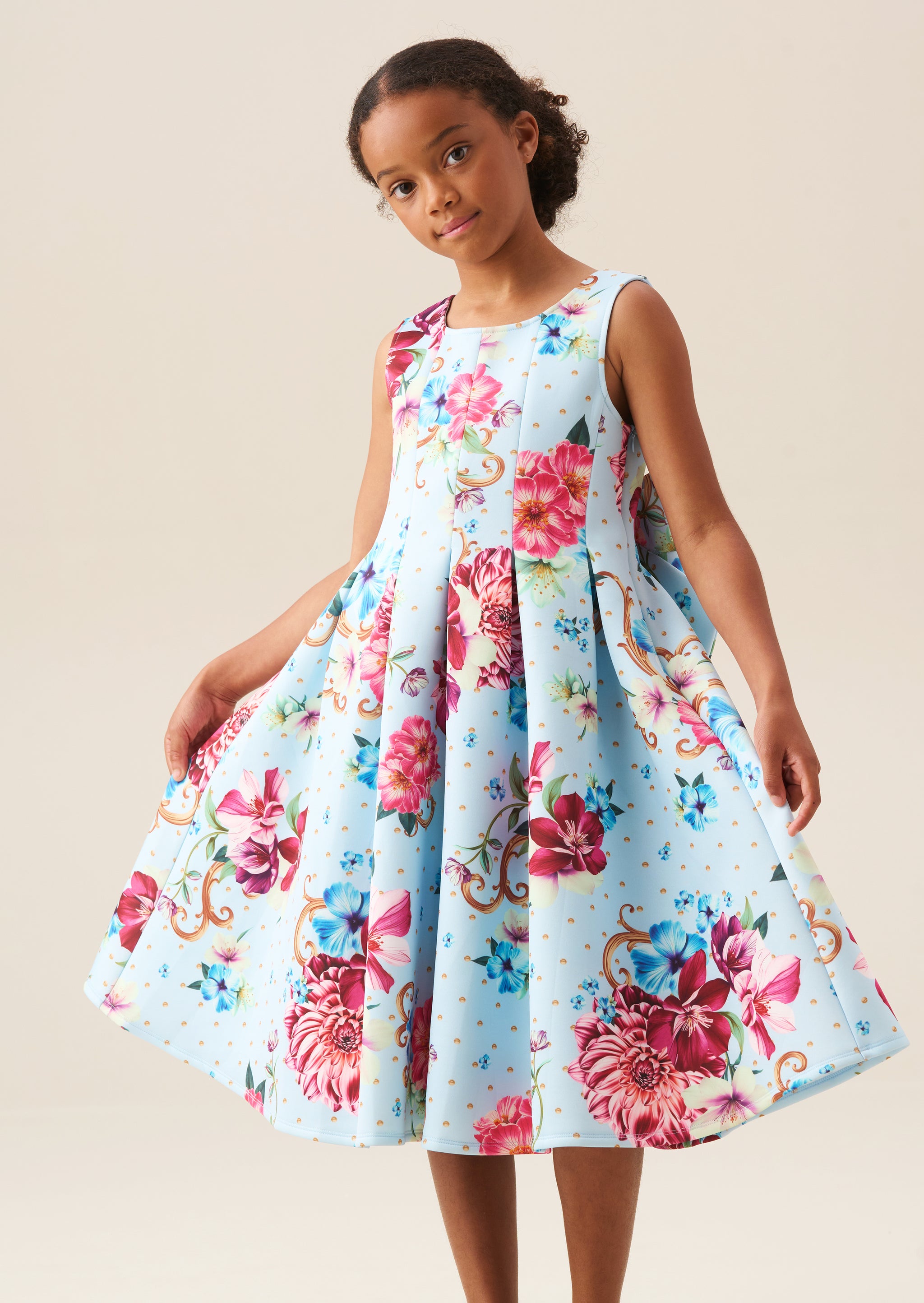 Girls Blue Floral Pleated Occasion Dress