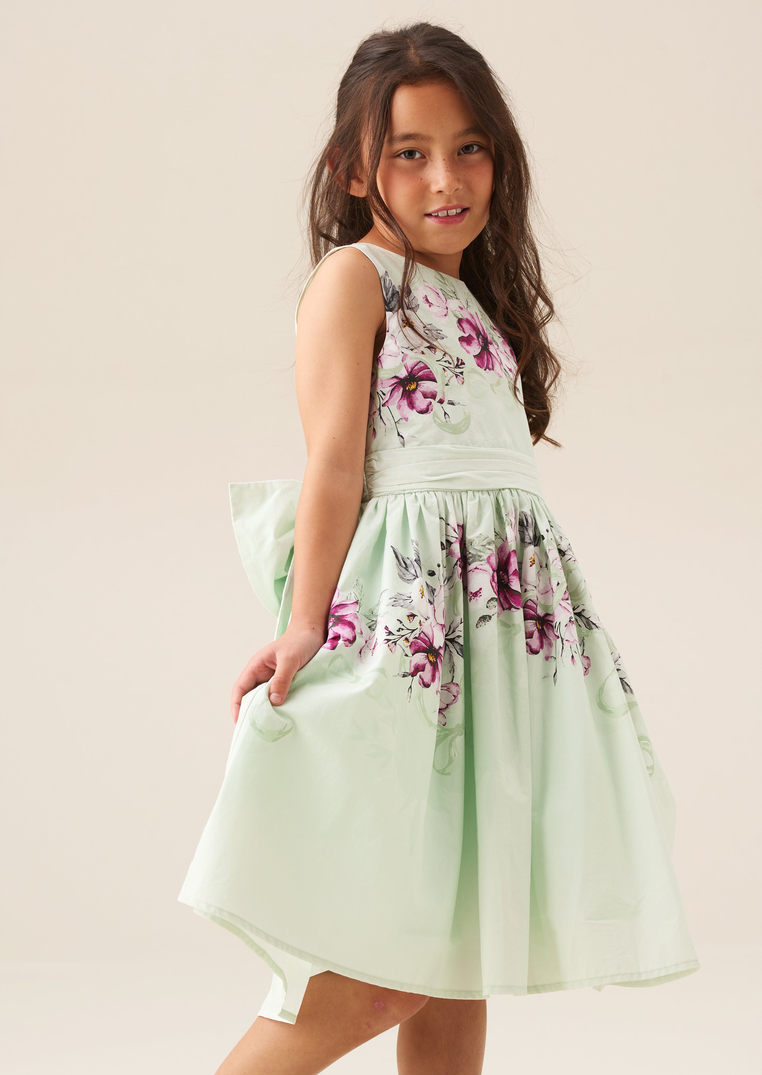 فستان إليسا بطبعة النعناع مع فيونكة خلفية