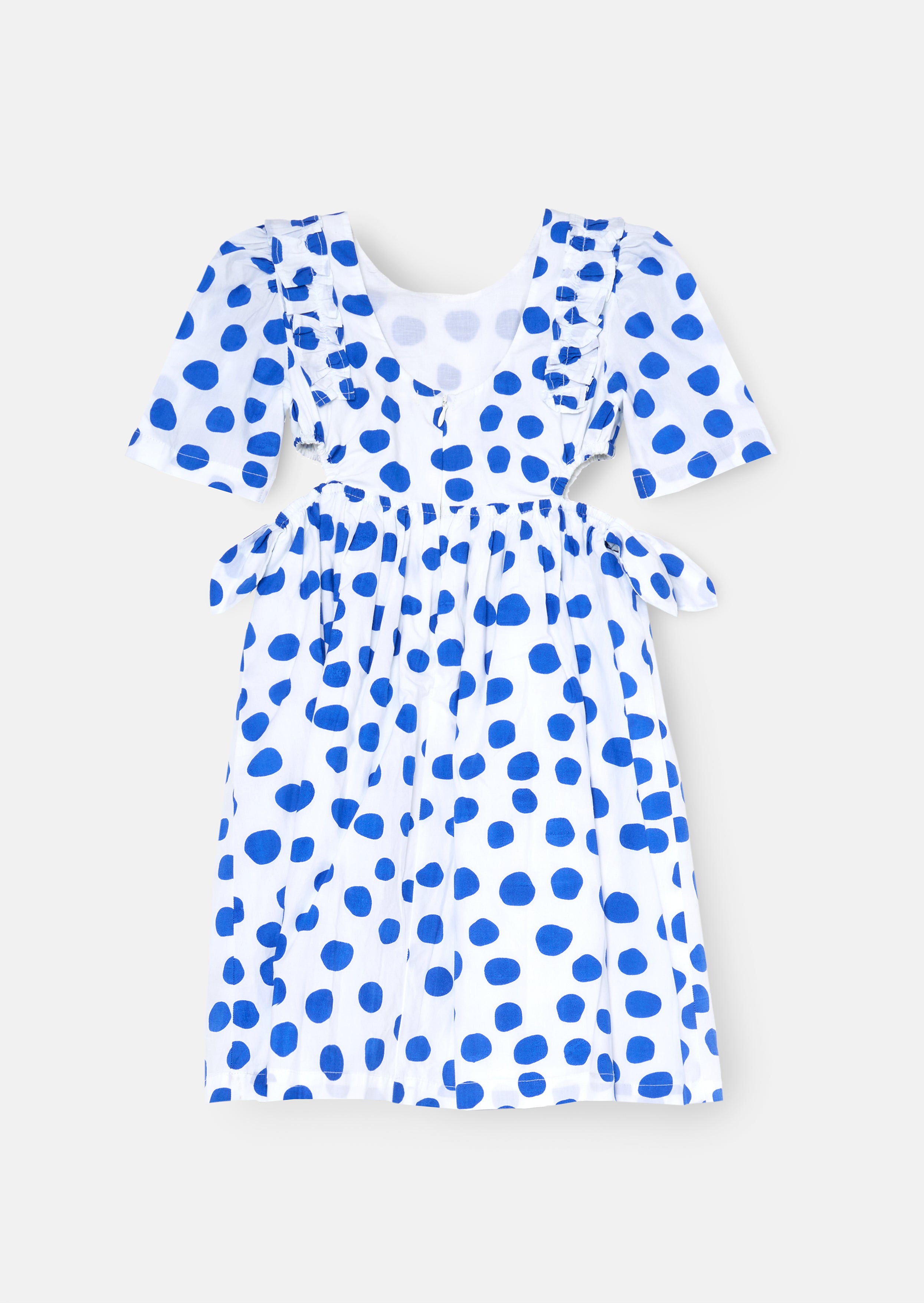 Robe Amara bleue à manches bouffantes et à pois