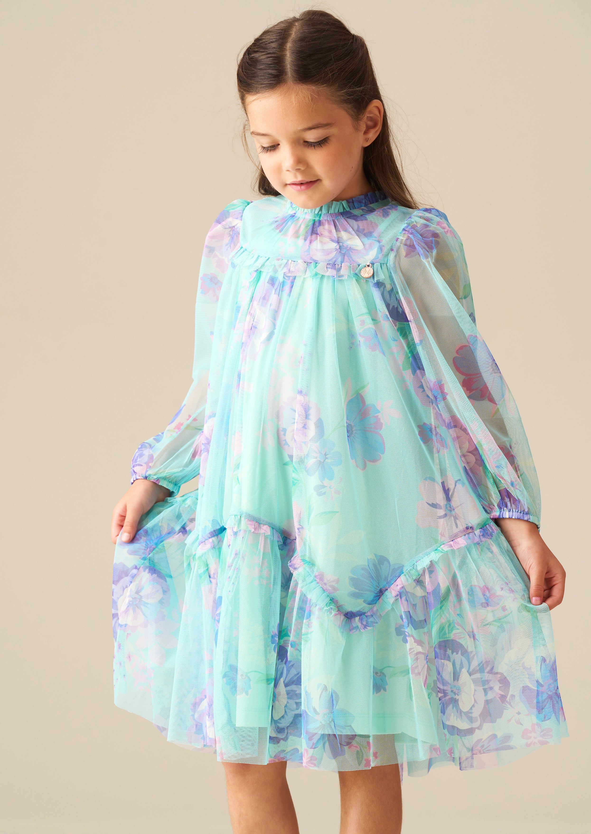 فستان بيتريس مينت شبكي بكشكشة بطبعة أقحوان