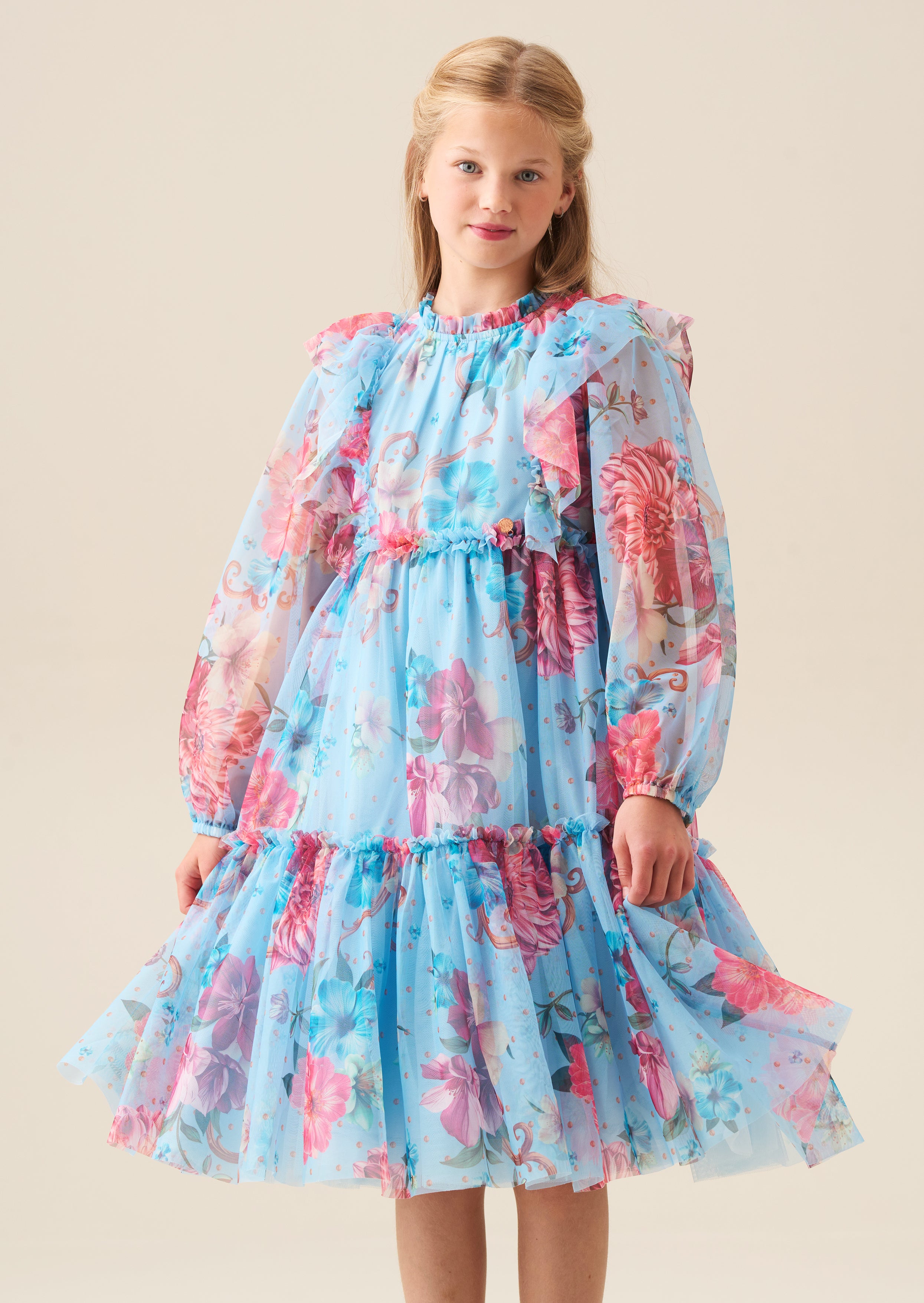 Alessia Blue Floral Print Mesh Dress