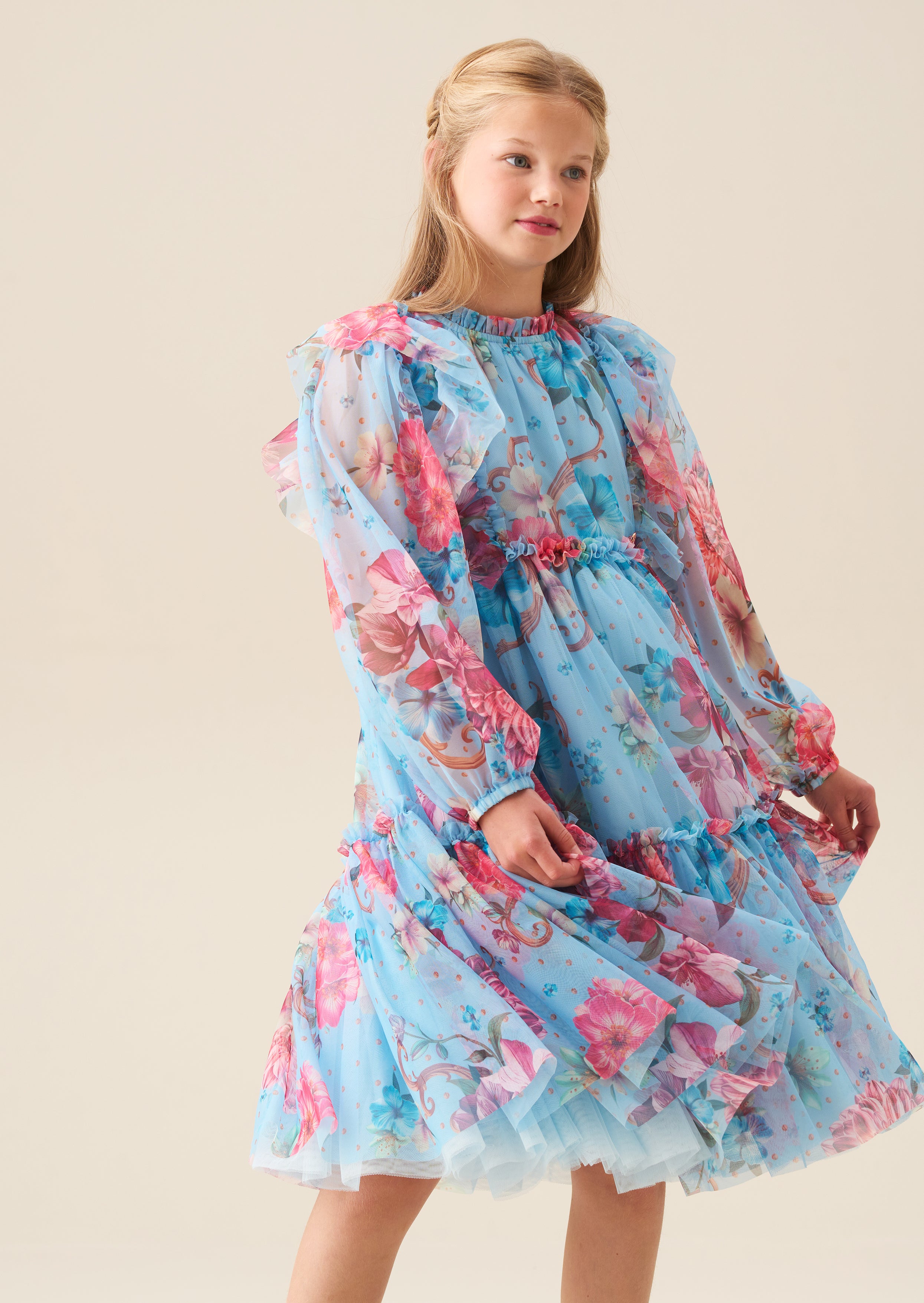 Alessia Blue Floral Print Mesh Dress