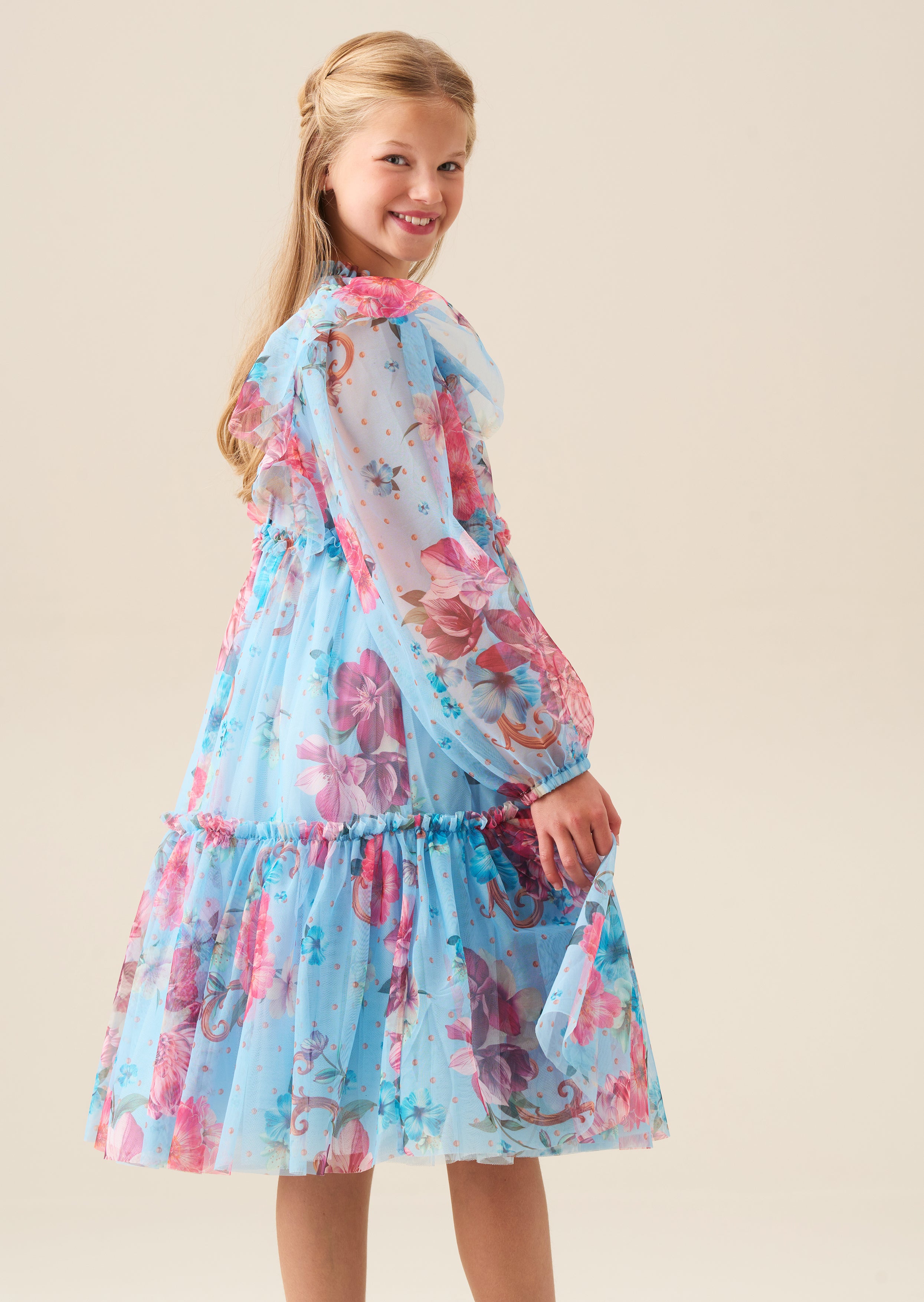 Alessia Blue Floral Print Mesh Dress
