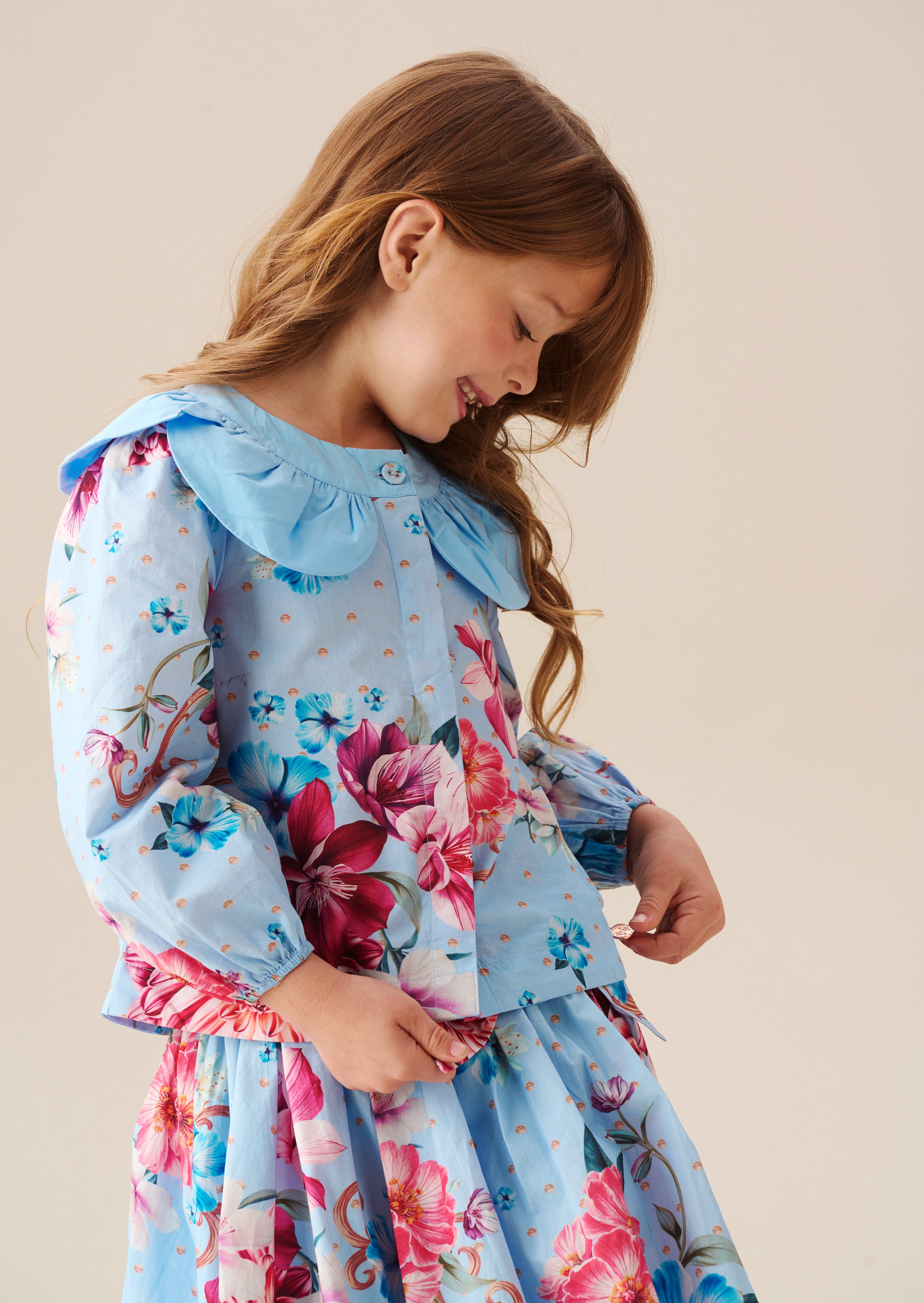 Darcy Blue Print Petal Collar Top