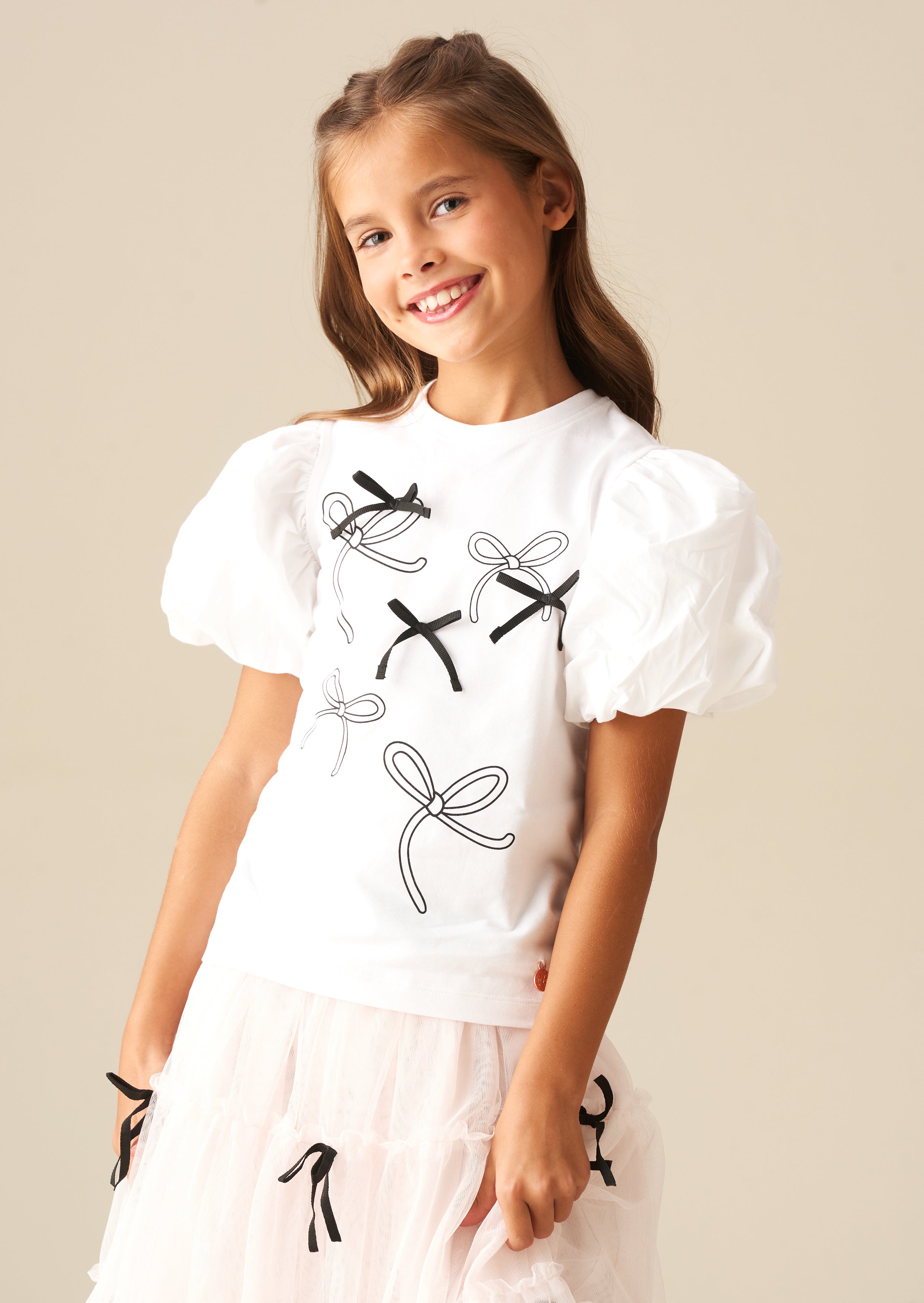 T-shirt à manches bouffantes orné d'un nœud blanc Aofie