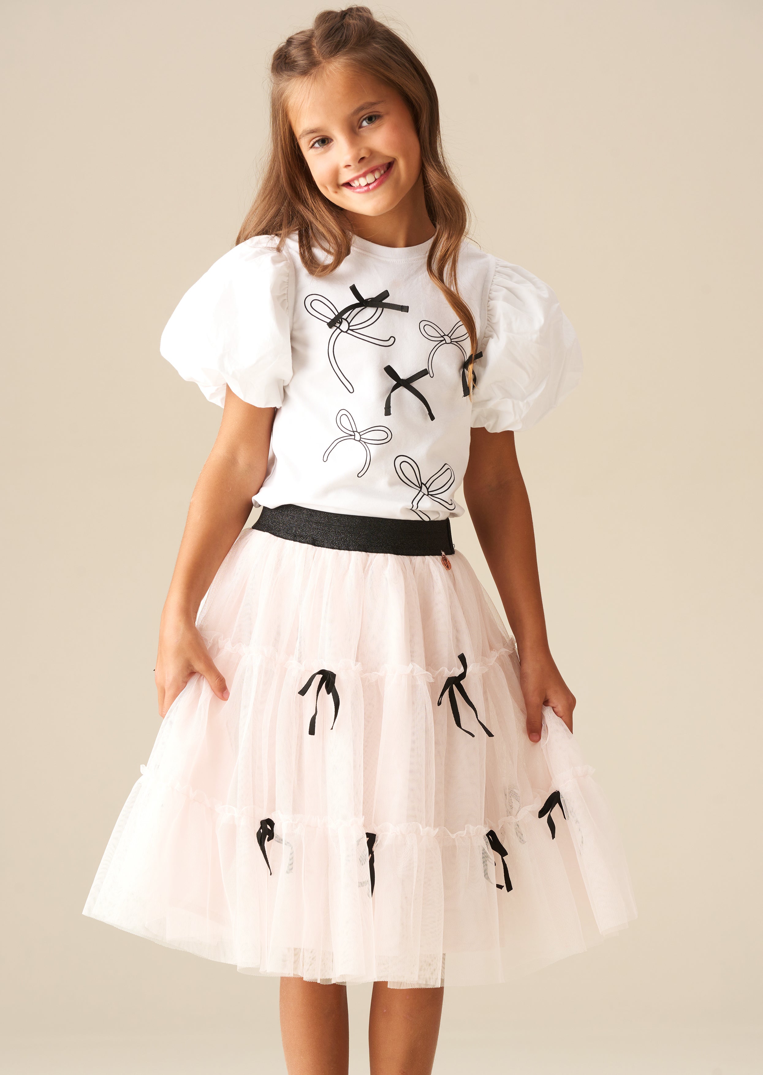 T-shirt à manches bouffantes orné d'un nœud blanc Aofie