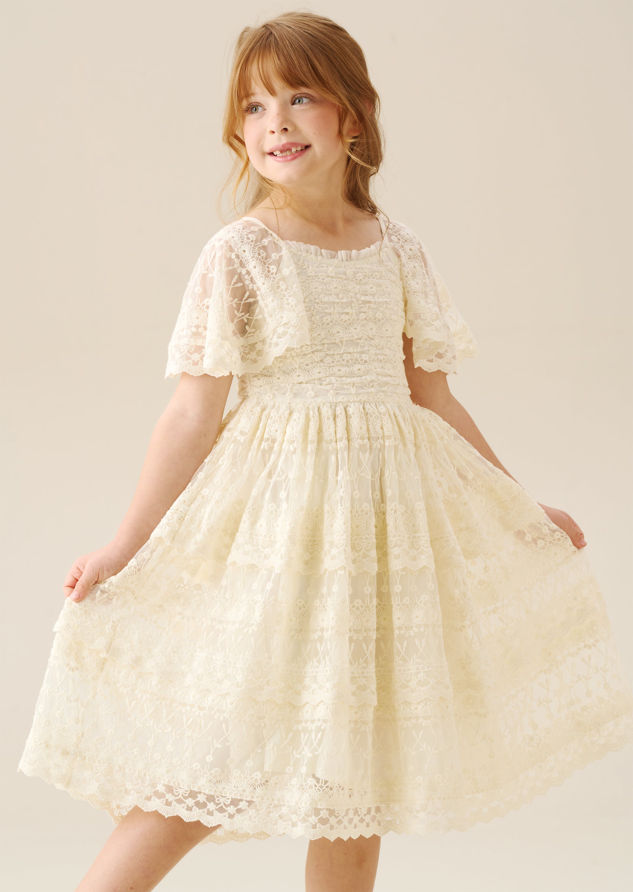 Girls Cream Lace Vintage Dress
