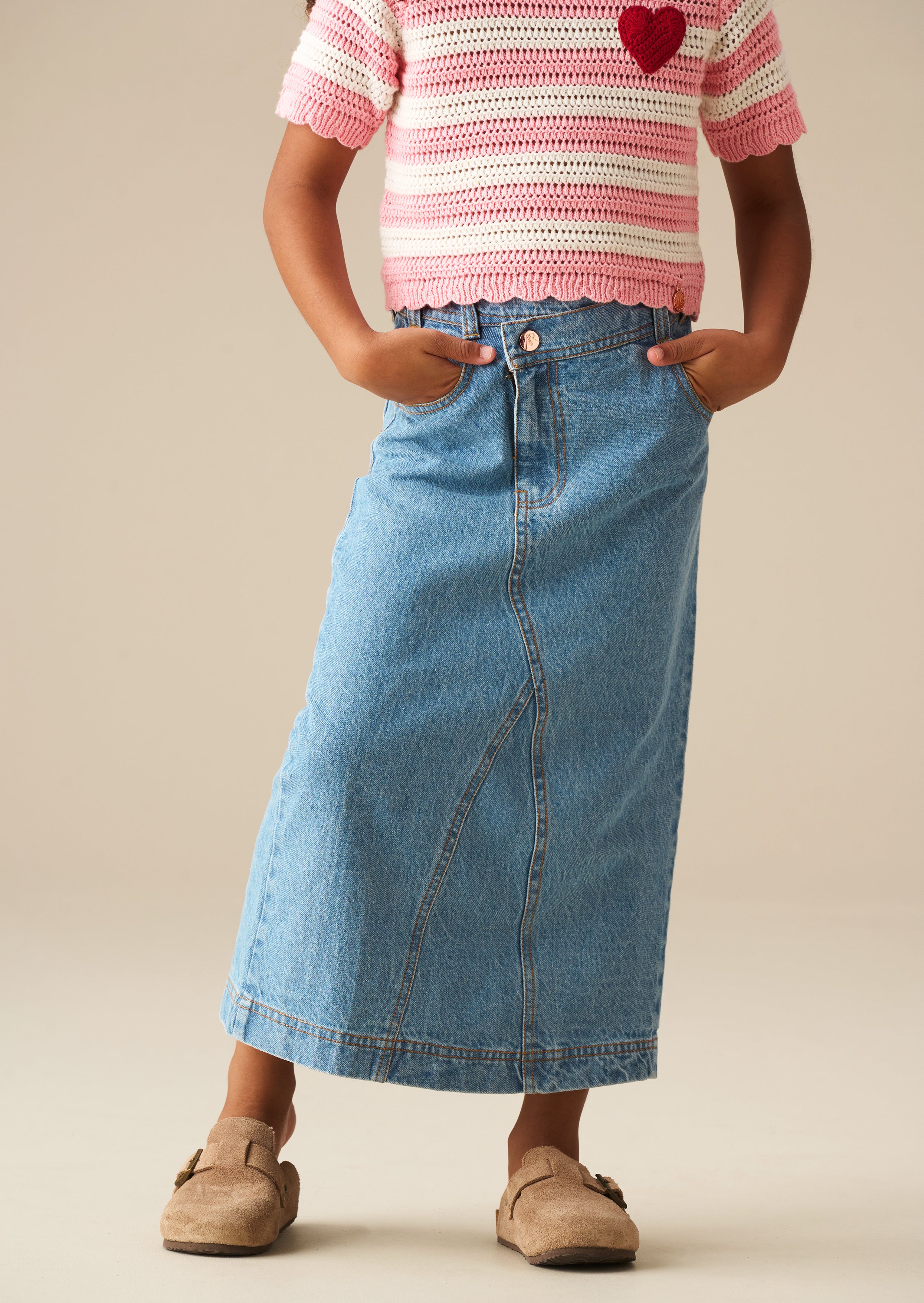 Kendal Asymmetrischer Taillen-Denim-Midirock