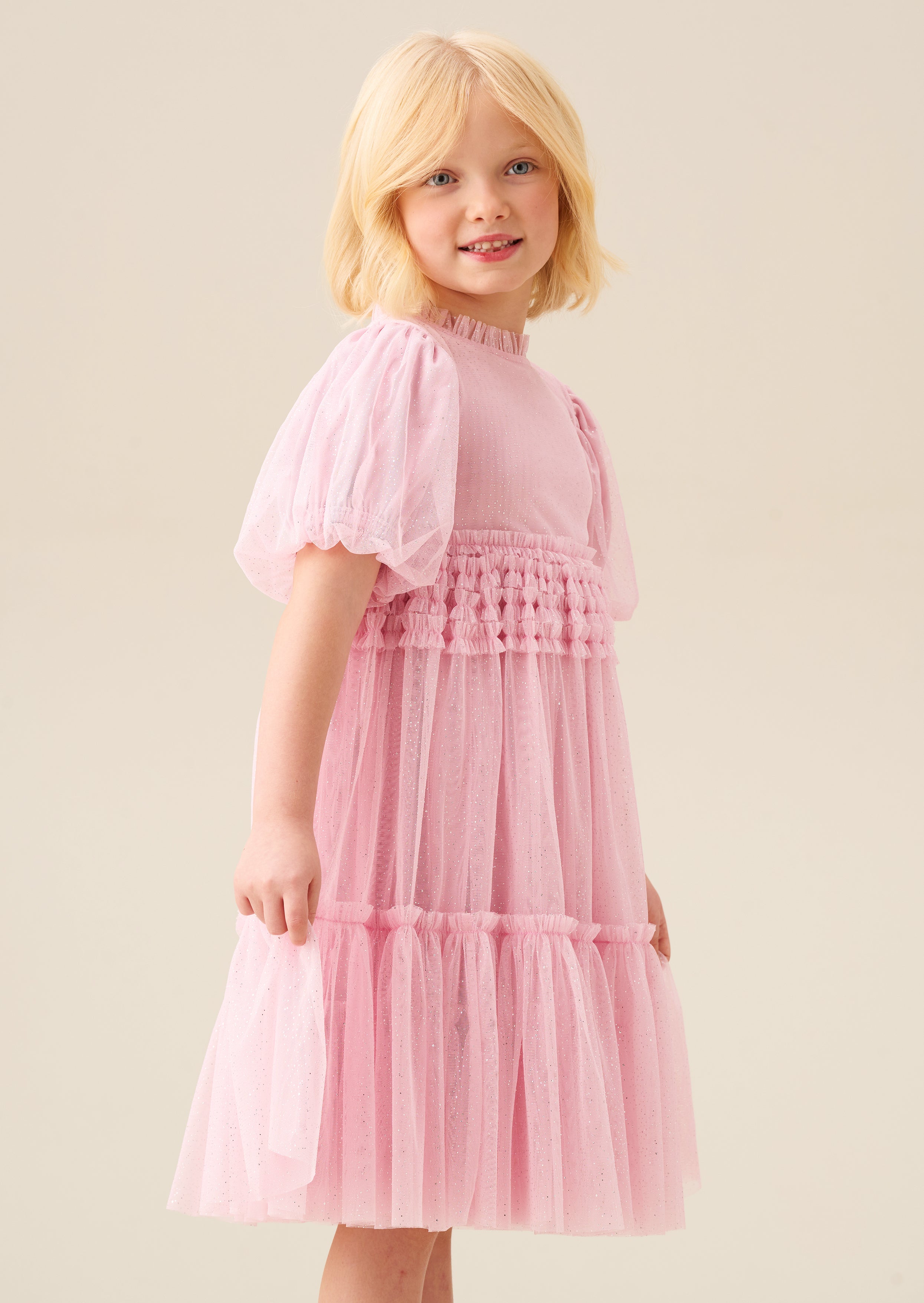 Vestido de malla Madison con mangas abullonadas, volante en la cintura