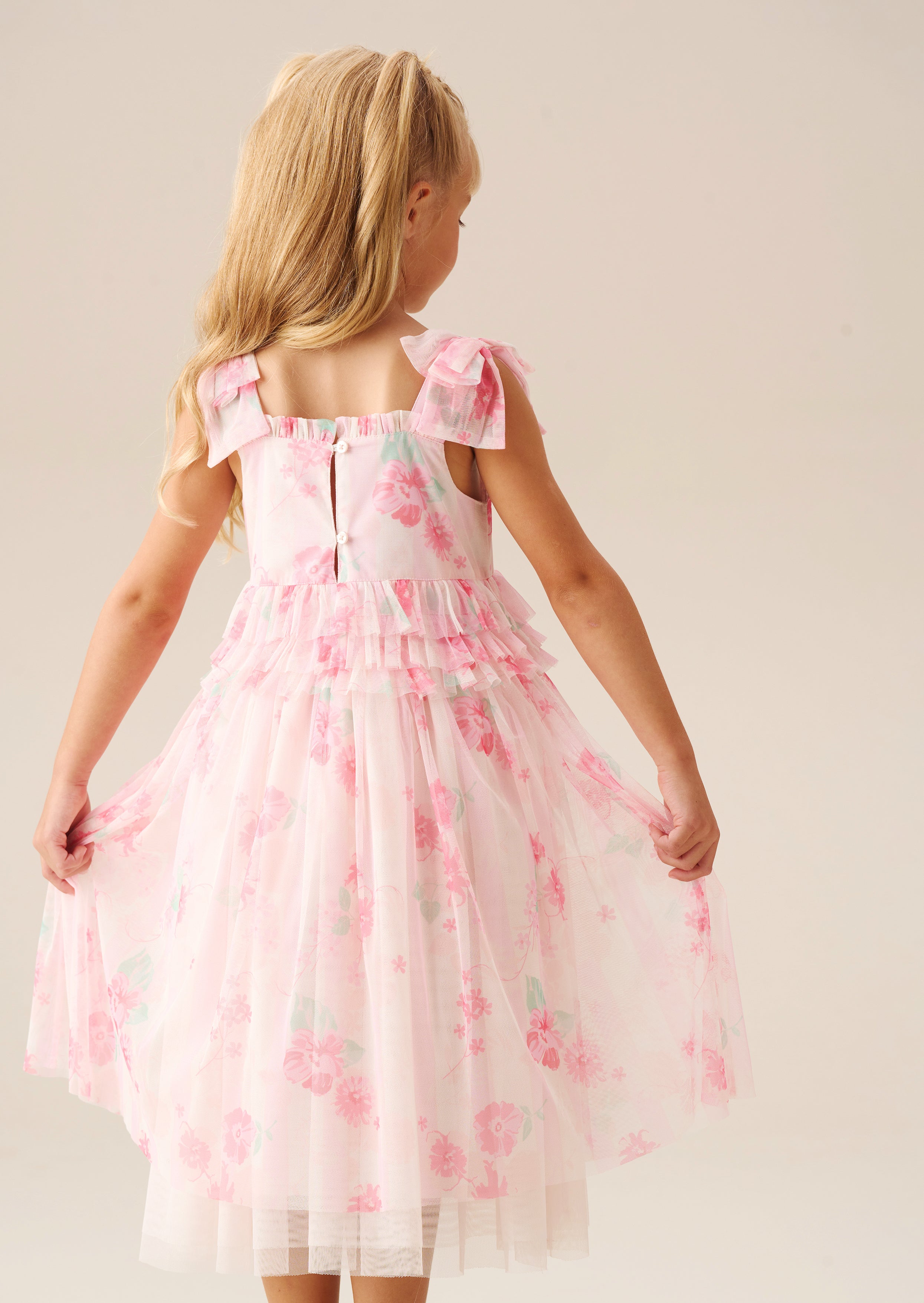 Mae Pink Floral Mesh Bow Strap Dress