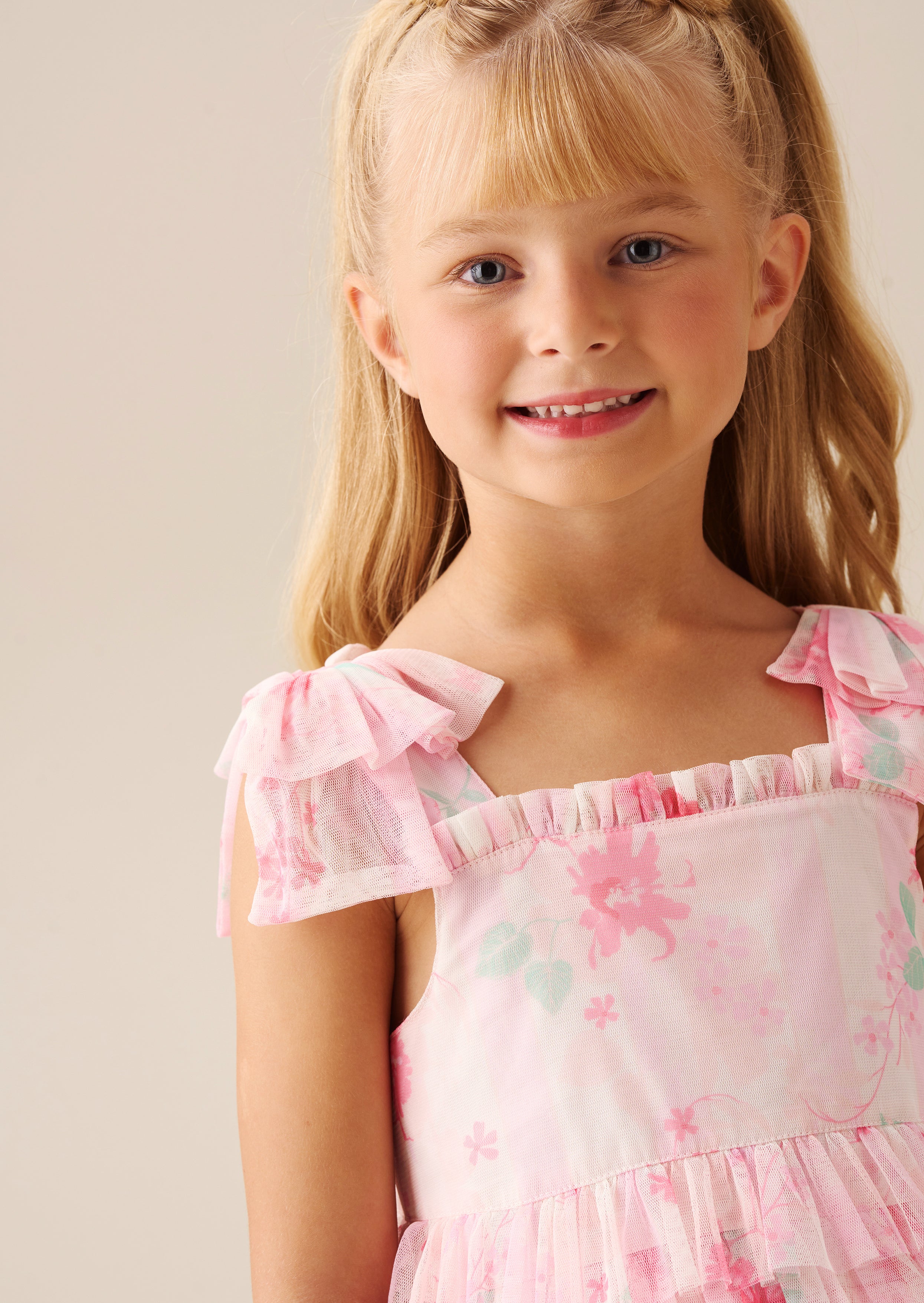 Mae Pink Floral Mesh Bow Strap Dress