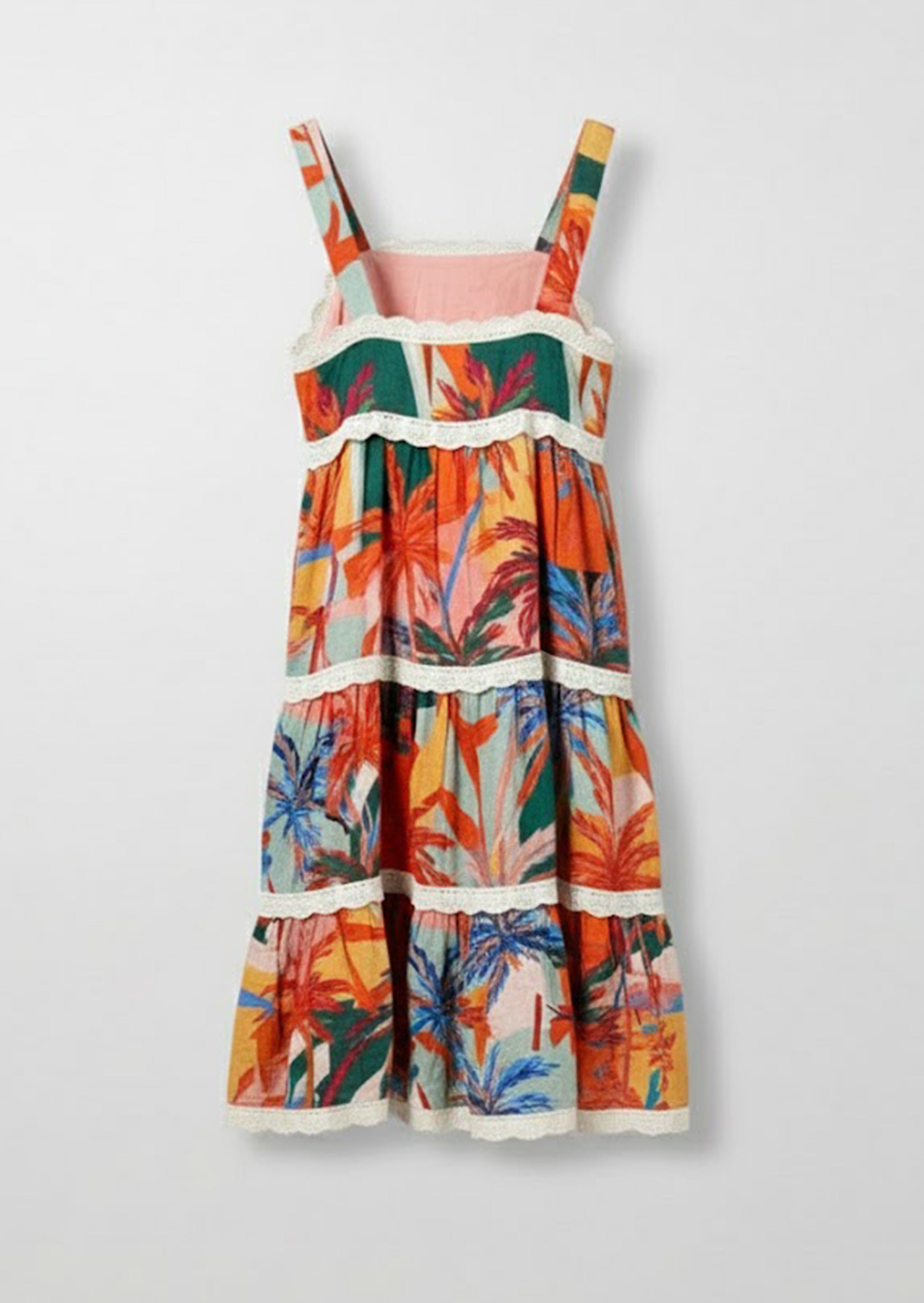 Kinsley Palm Print Lace Trim Tiered Dress