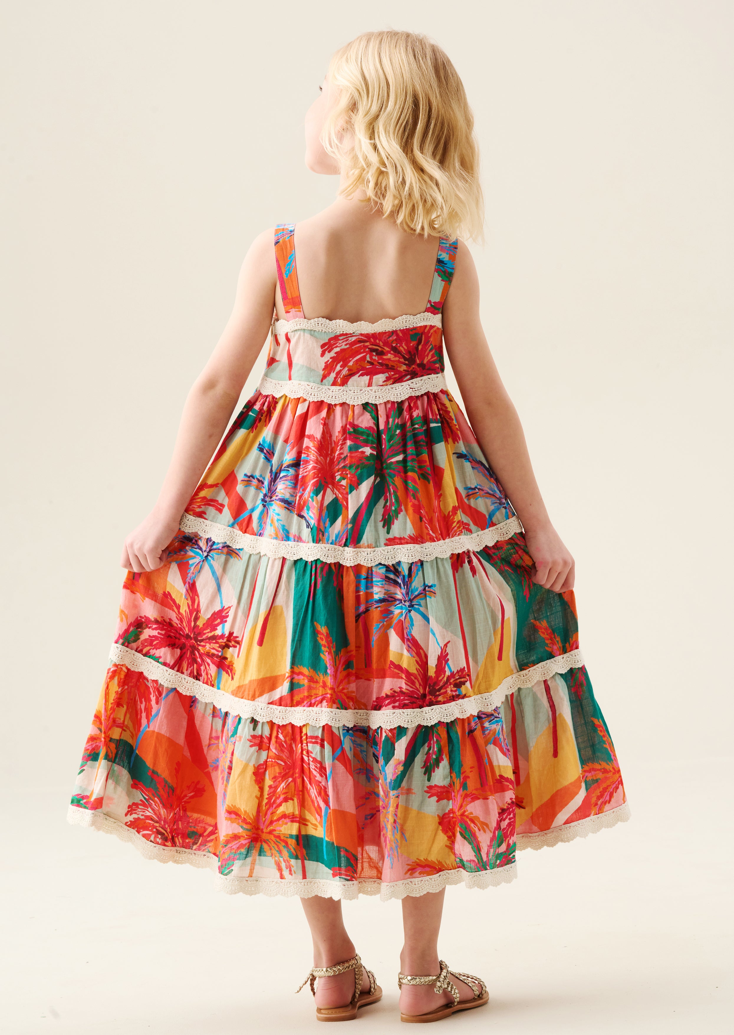 Kinsley Palm Print Lace Trim Tiered Dress