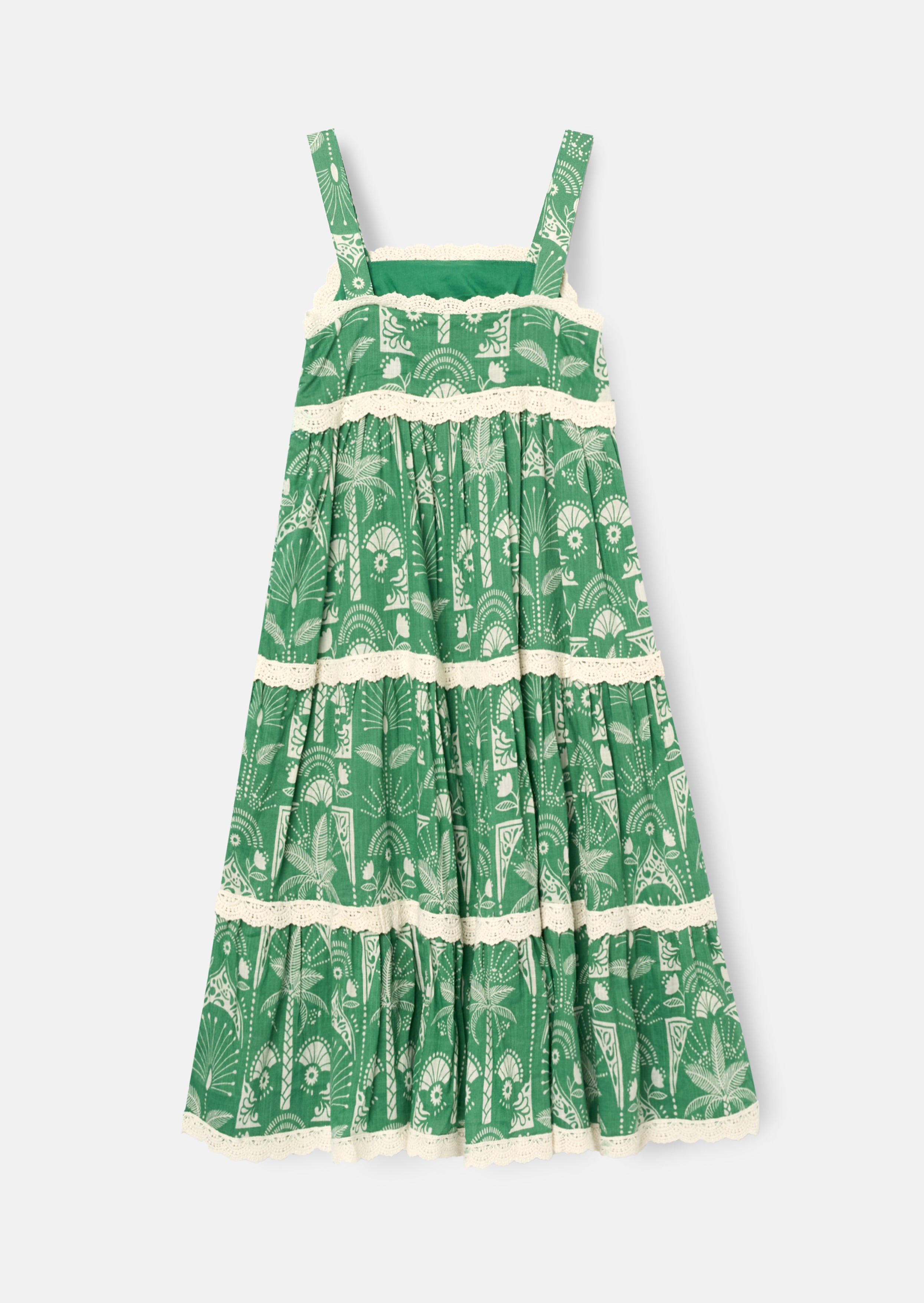 Vestido con volantes en capas, encaje y estampado de palmas Kinsley