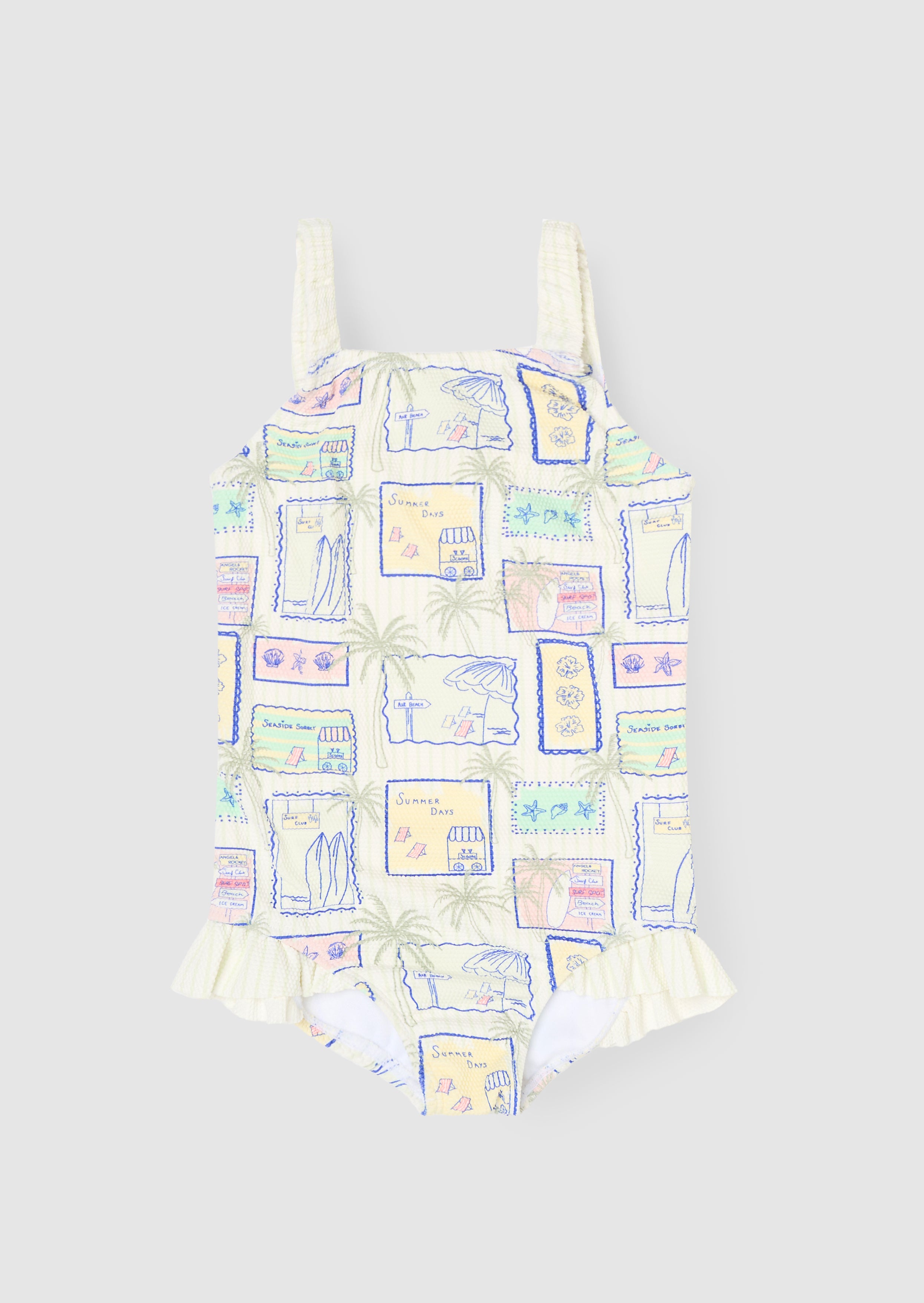 Costume da bagno con stampa cartolina Emmie e dettaglio arricciato