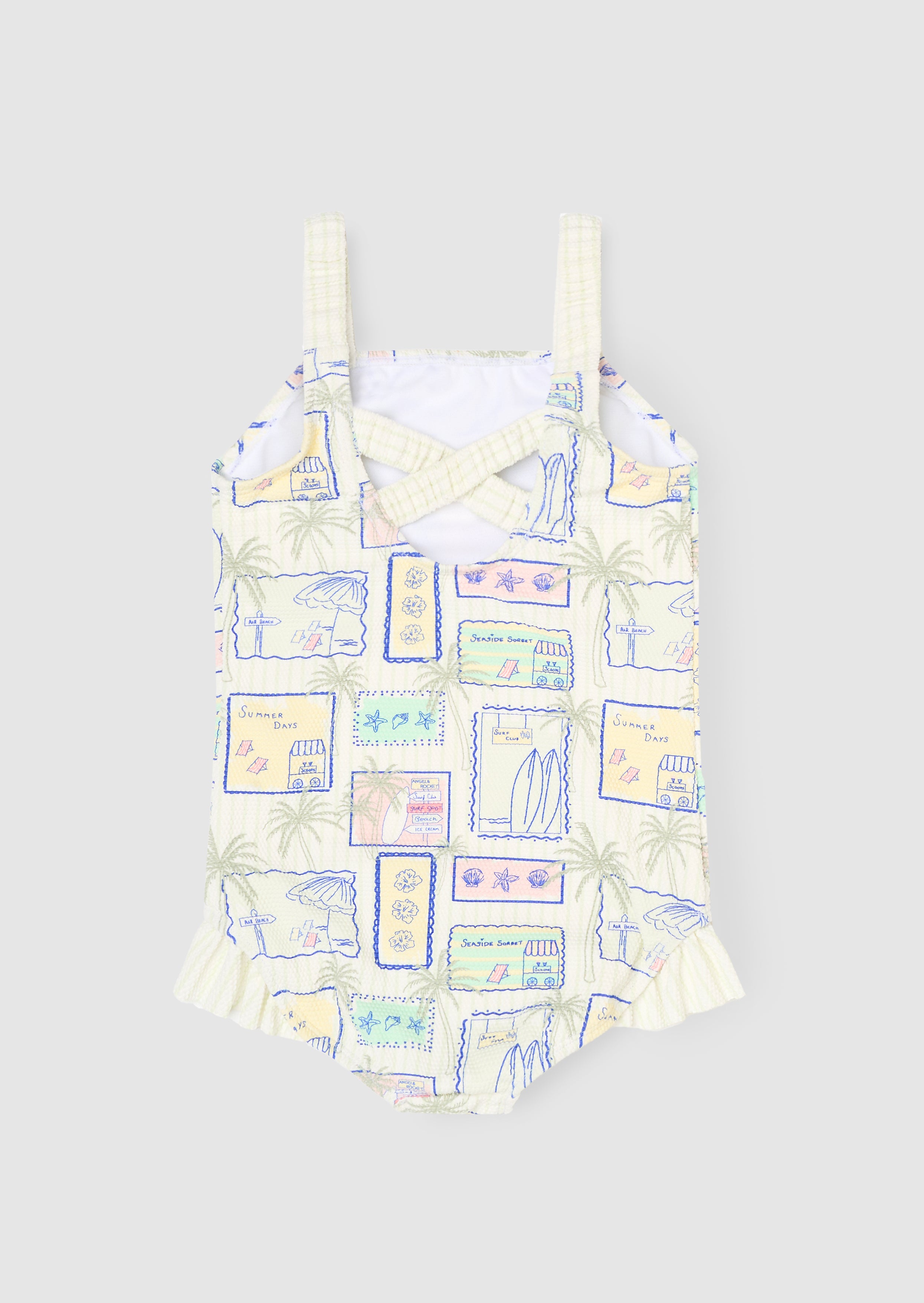 Costume da bagno con stampa cartolina Emmie e dettaglio arricciato