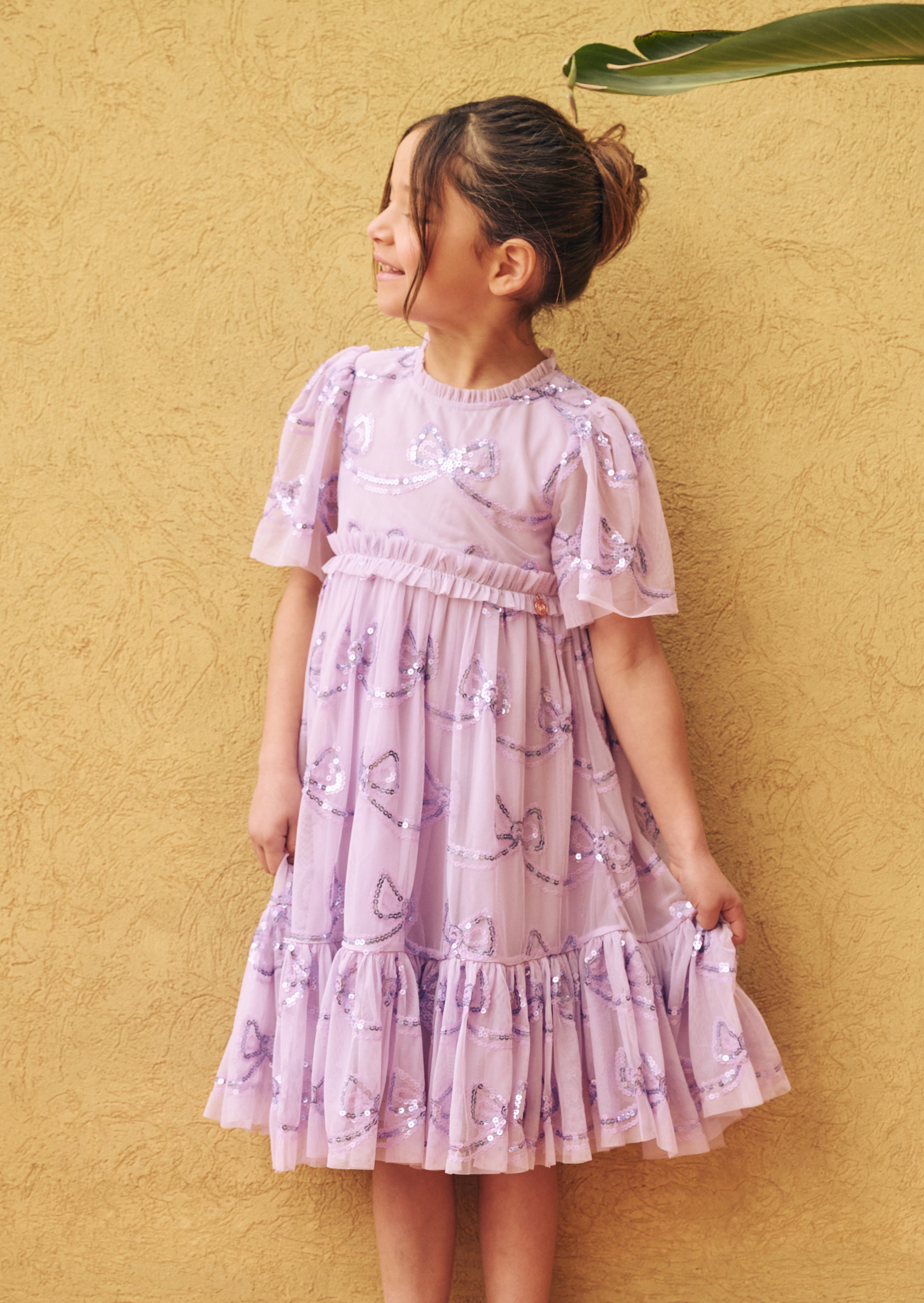 Delta Purple Bow Sequin Mesh Dress