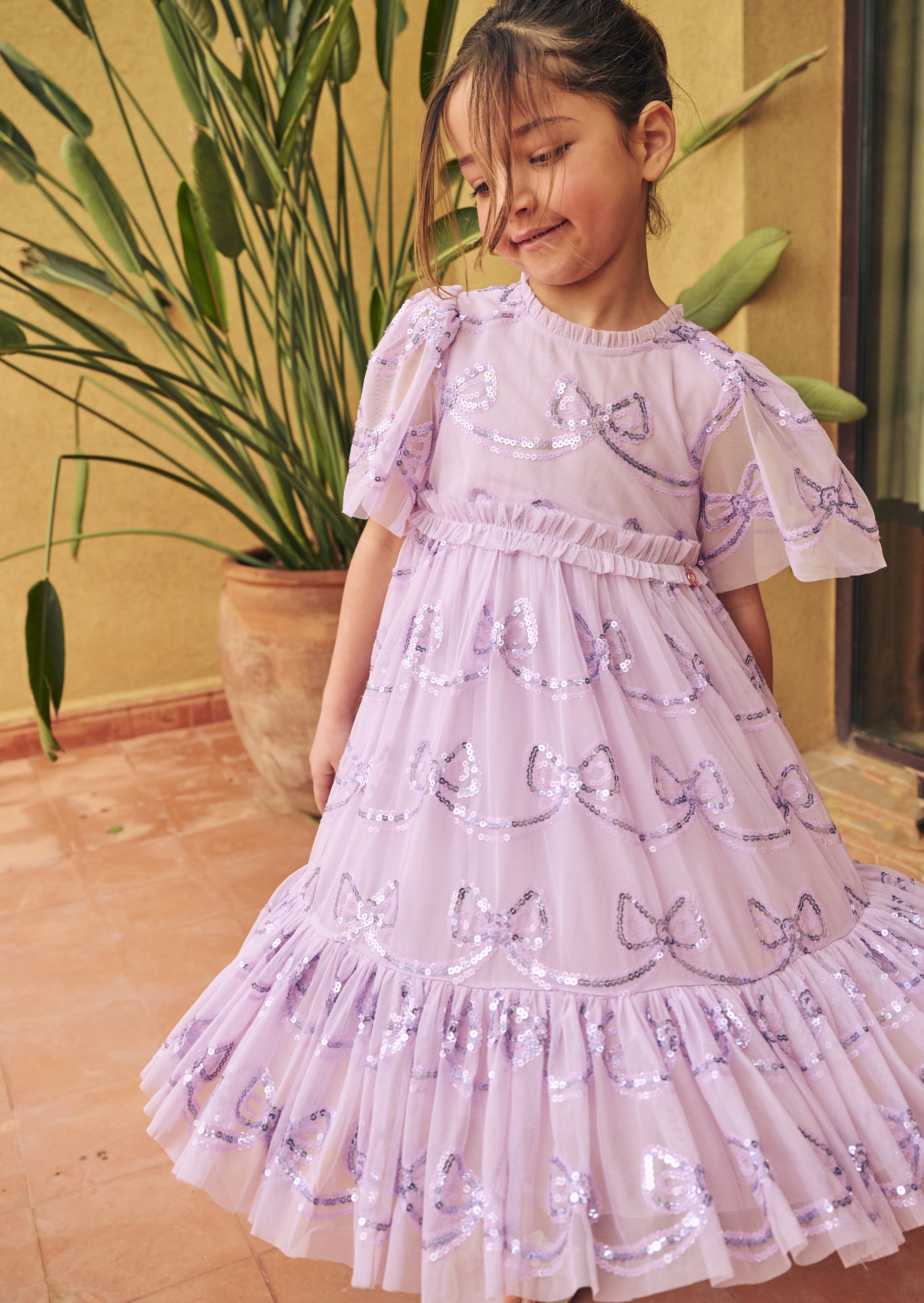 Delta Purple Bow Sequin Mesh Dress