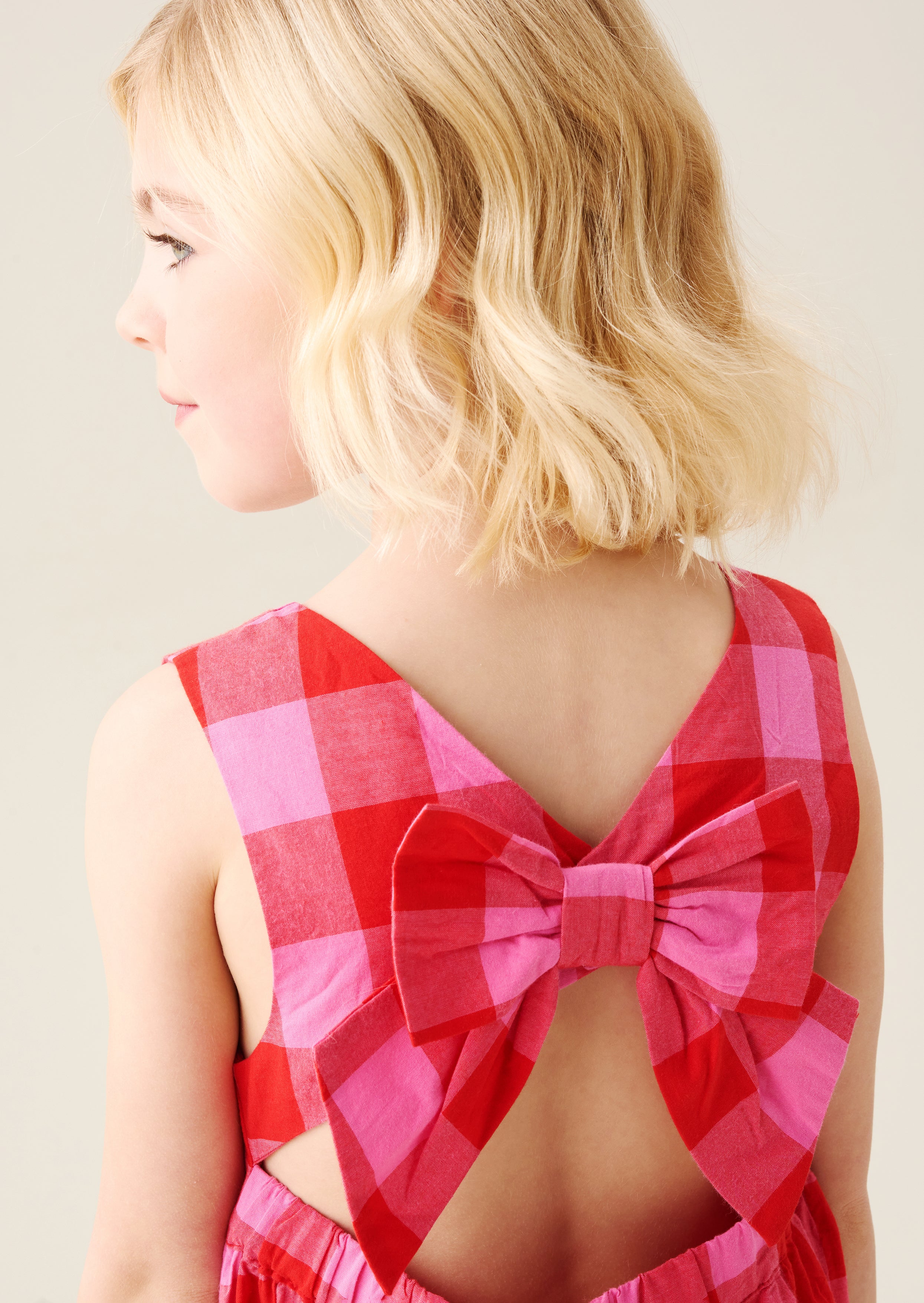 فستان بيلا الوردي بنقشة مربعات