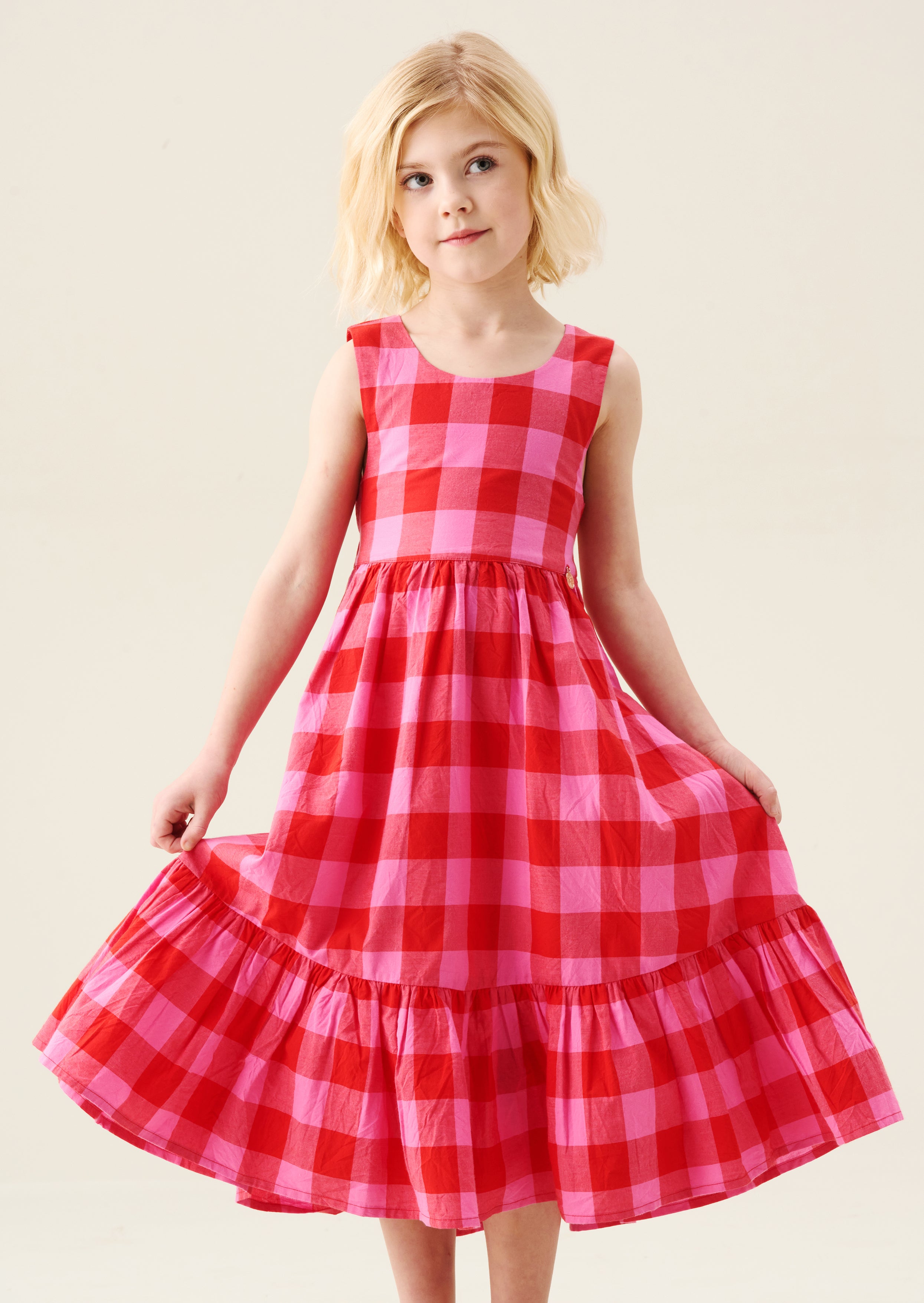 فستان بيلا الوردي بنقشة مربعات