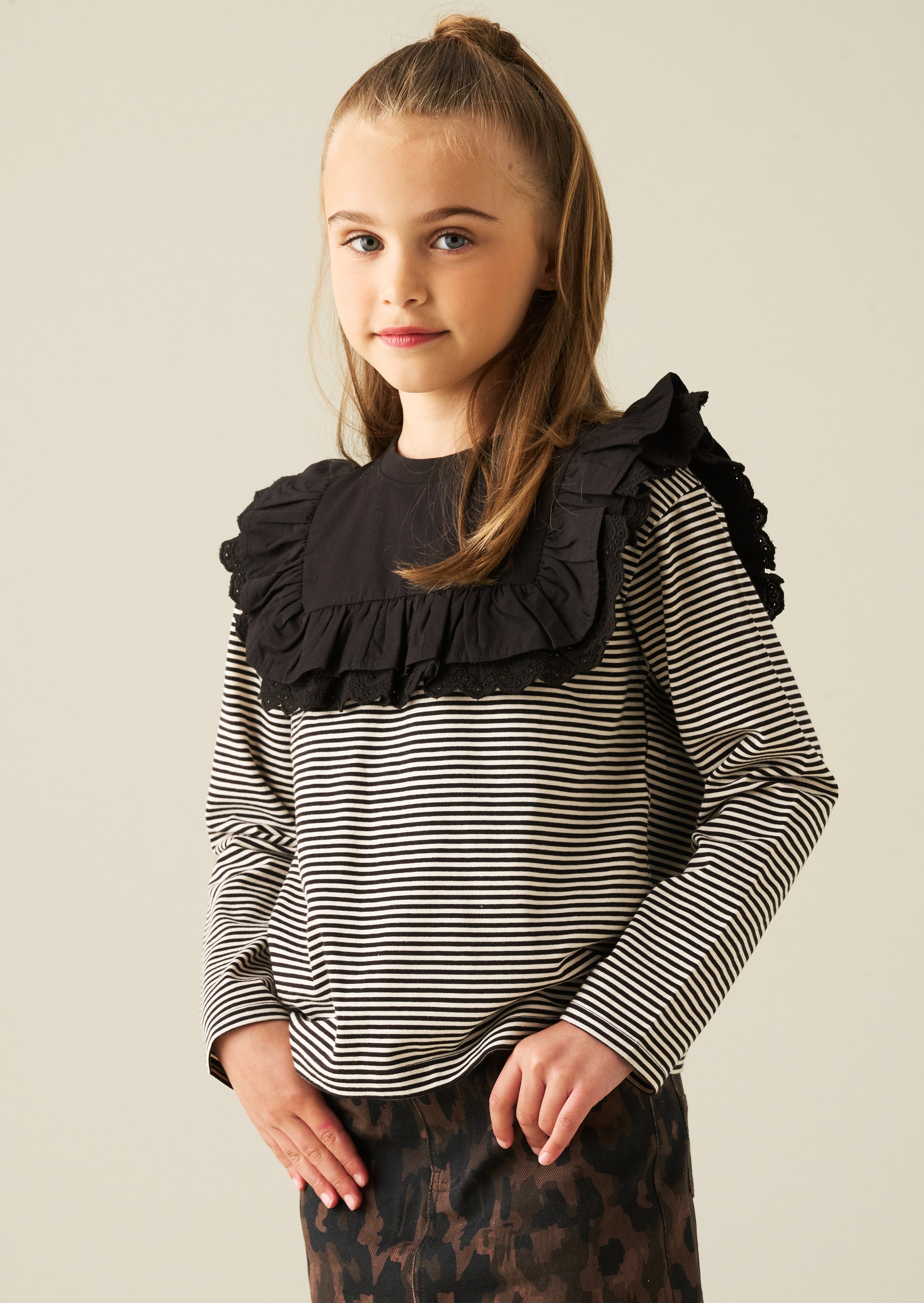Demi Woven Yoke Lace Trim Long Sleeve Top