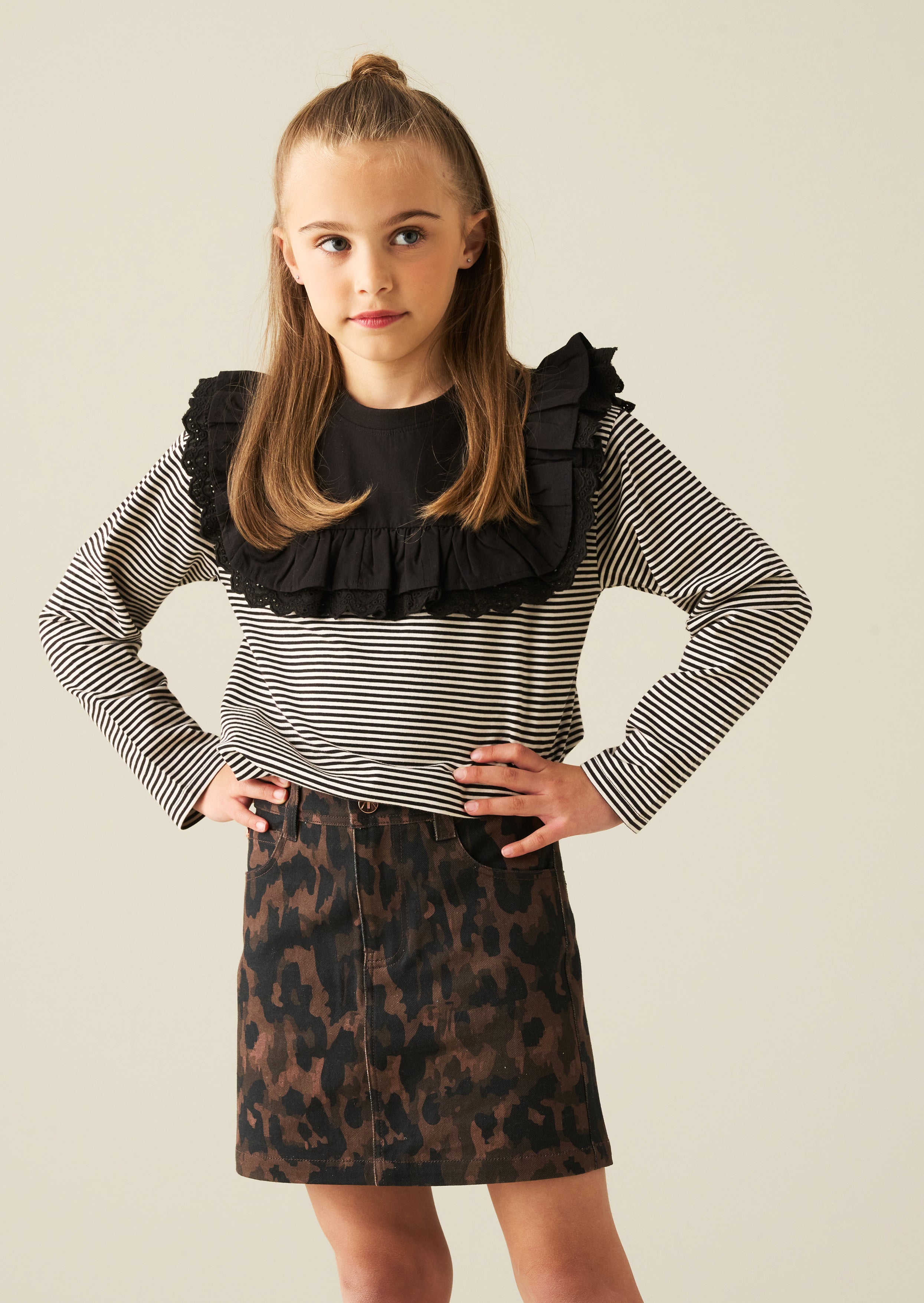 Demi Woven Yoke Lace Trim Long Sleeve Top