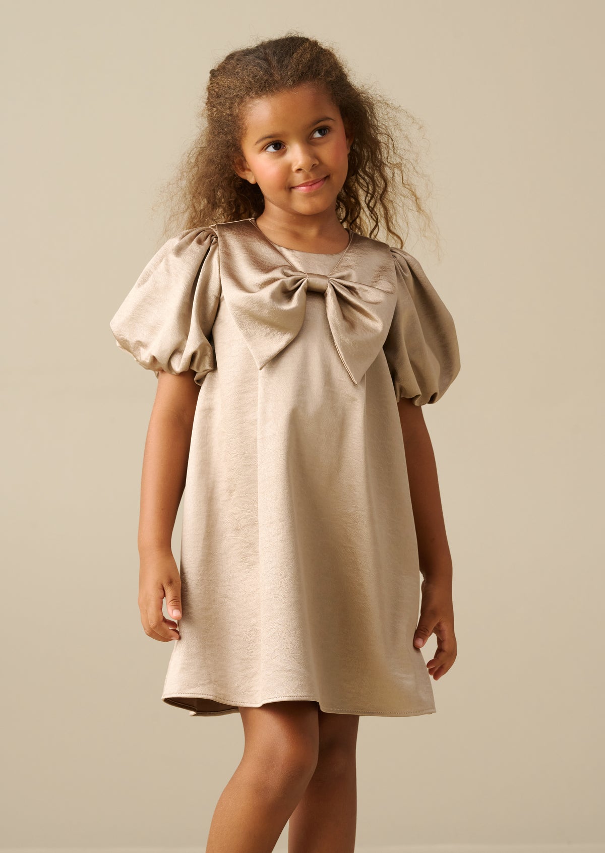 Nadia Satin Puff Sleeve Bow Collar Shift Dress