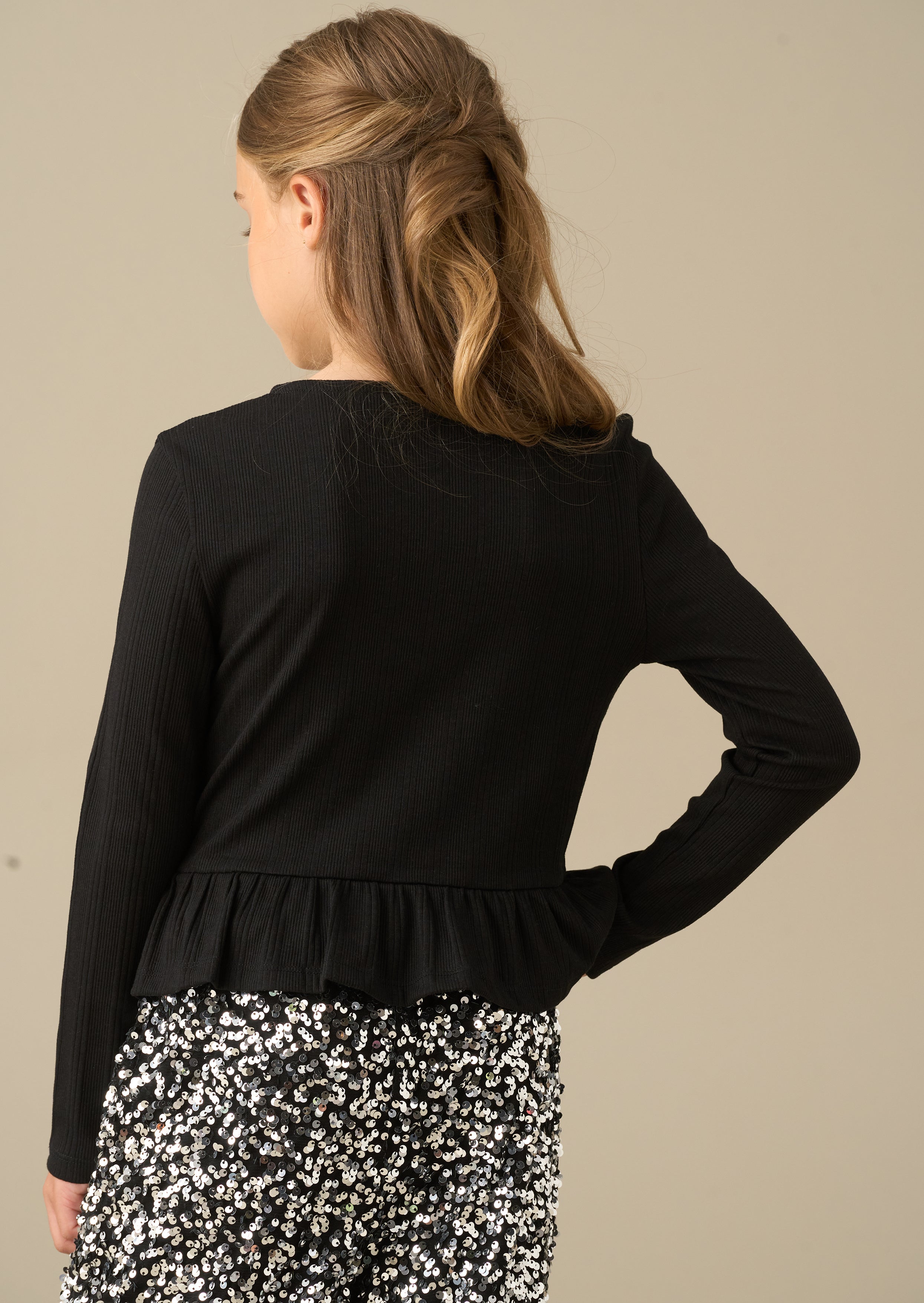 Rona Black Peplum Long Sleeve Bow Top