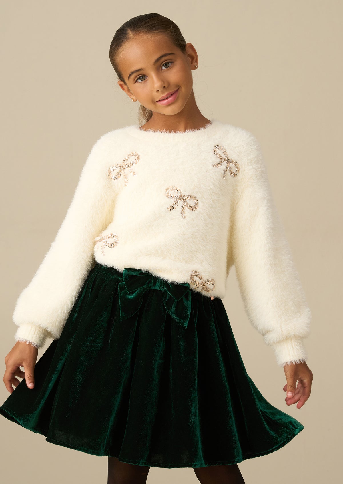 Laila Cream Embellished Bow Eyelash Jumper