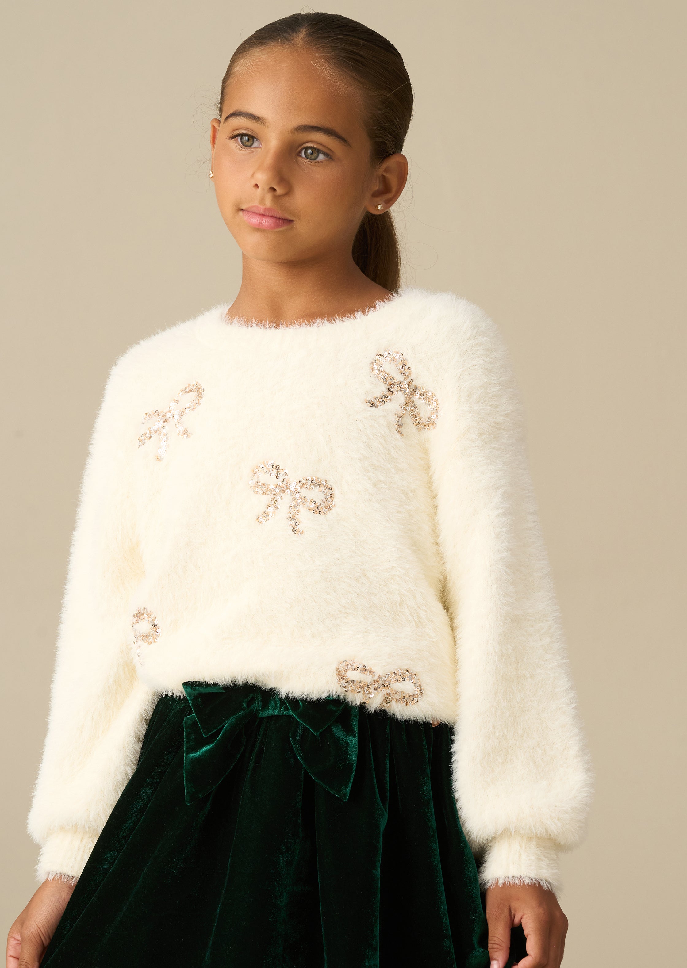 Laila Cream Embellished Bow Eyelash Jumper