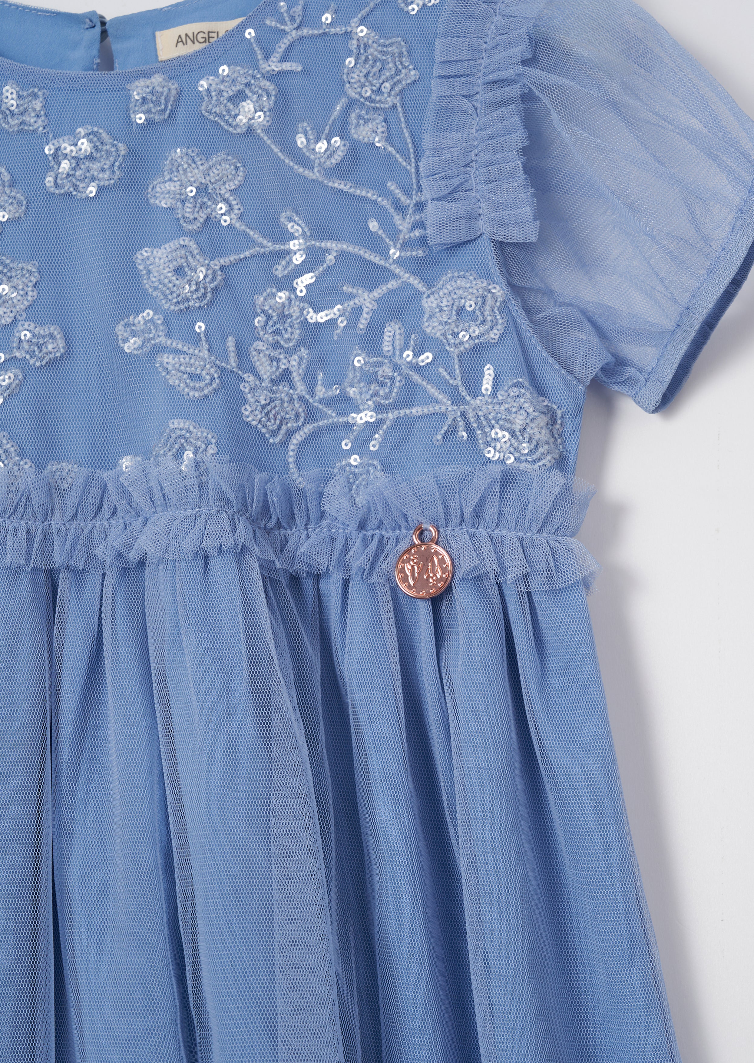 Robe en maille bleue Luisa avec broderie sur le plastron