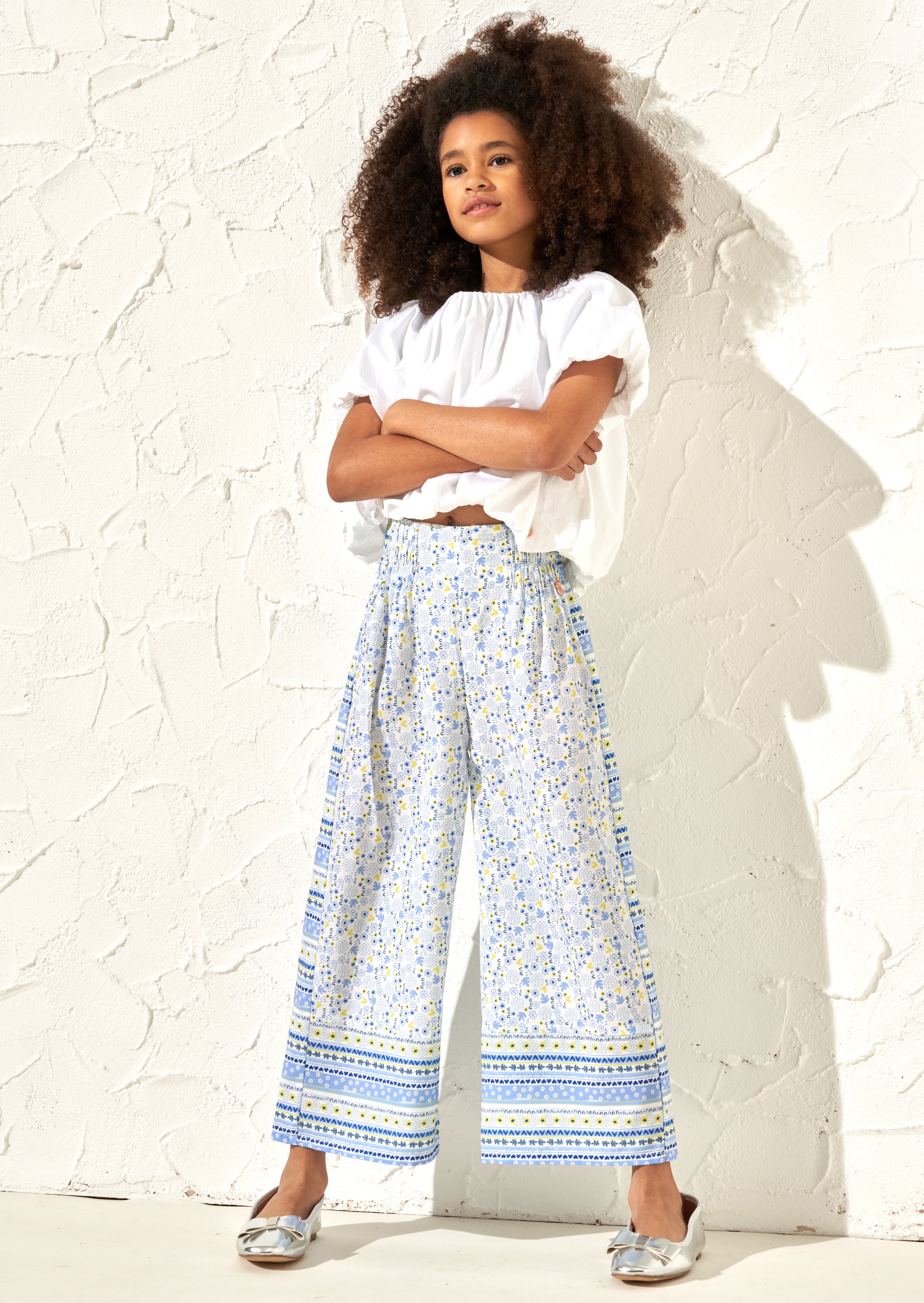 Serena Blaue Bedruckte Weite Hosenbeine Hose