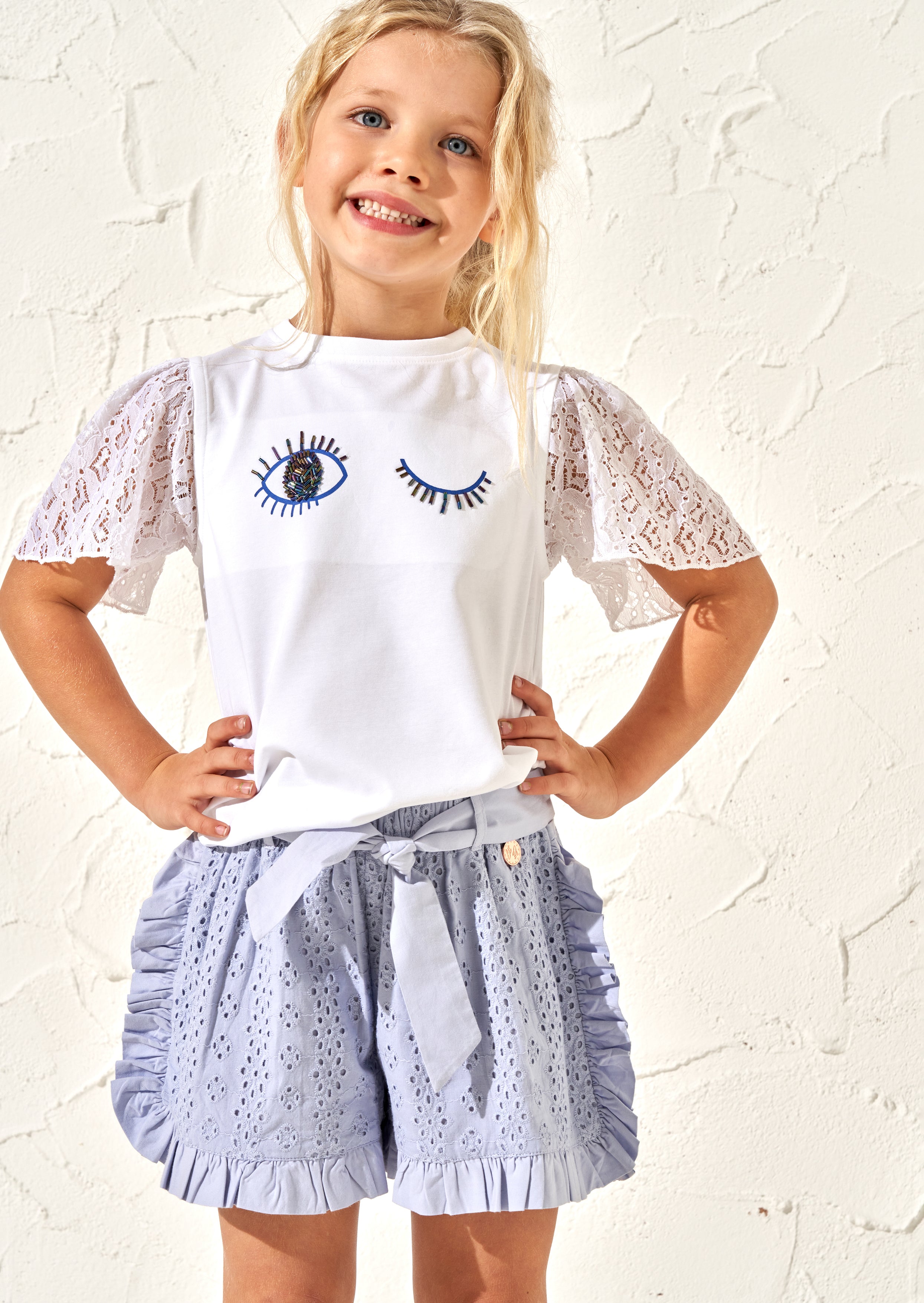 Cleo Bleu Short Broderie à Volants