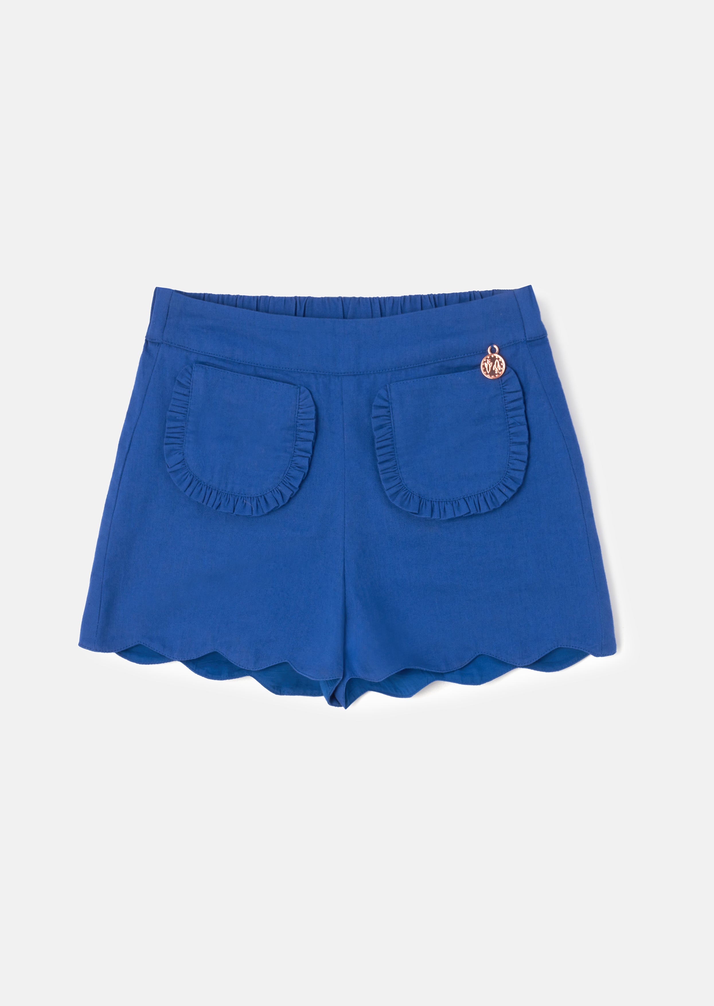 Spitzenbesetzte blaue Shorts mit Muschelsaum