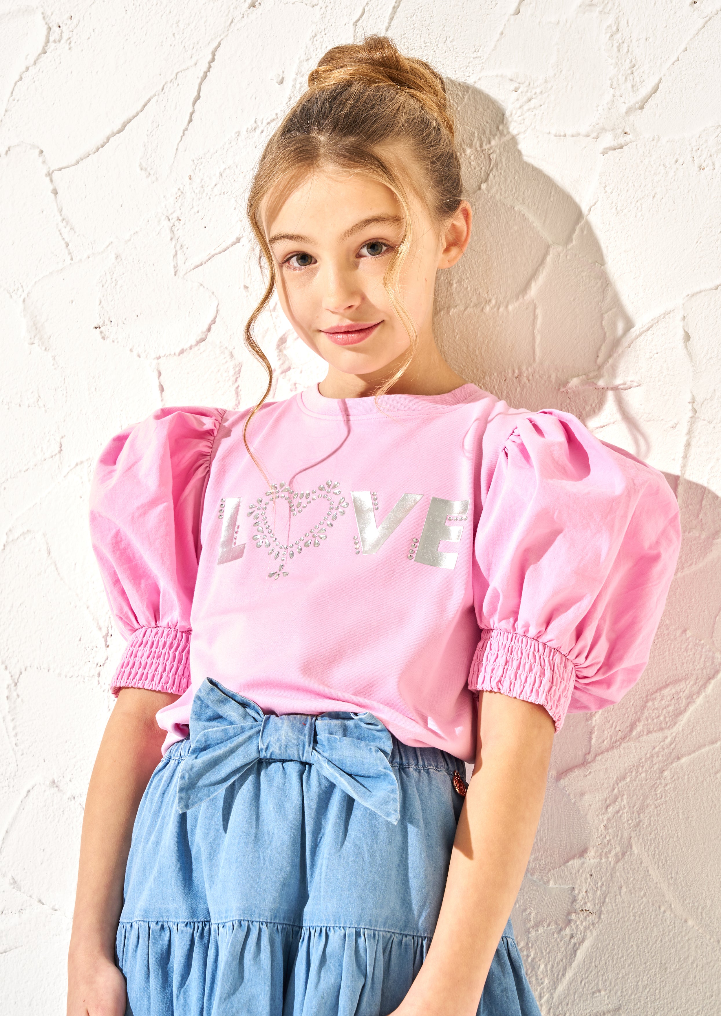 Heidi Pink Puff-Ärmel Love Diamante Top