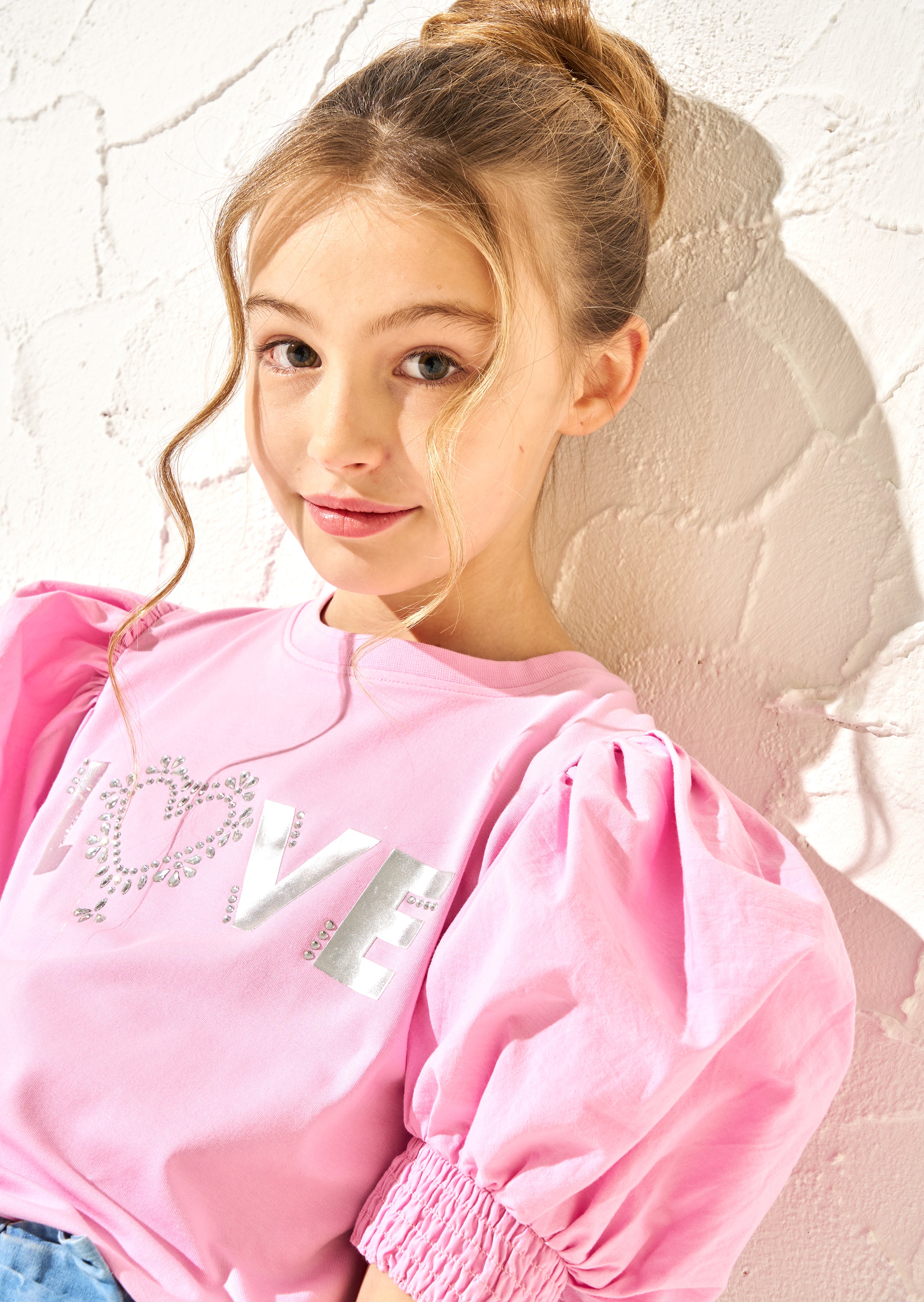 Heidi Pink Puff-Ärmel Love Diamante Top